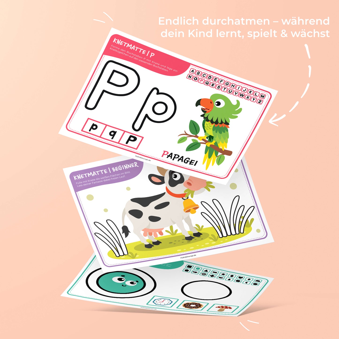 Knetmatten mit Buchstaben- und Tiermotiven in fröhlichem Design – fördern spielerisch die Motorik und Lernfreude bei Kindern.