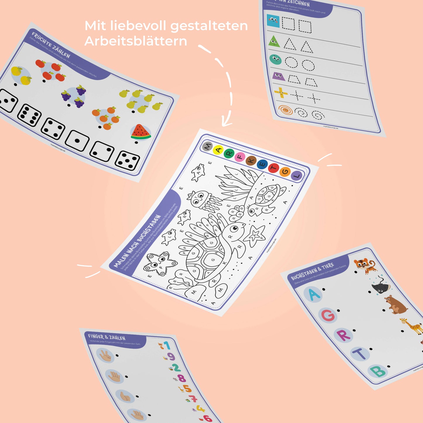Vielfältige Übungsblätter mit liebevoll gestalteten Motiven zum Nachspuren, Zählen und Ausmalen – ideal als Ergänzung zu den Knetmatten.
