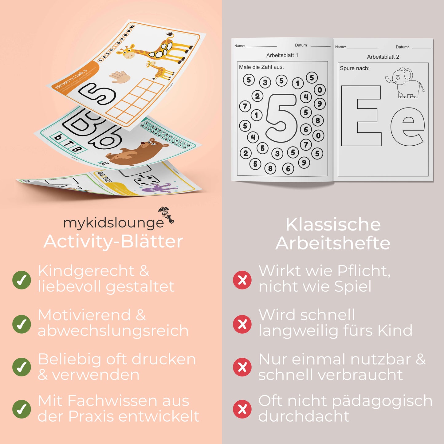 Vergleich zwischen den mykidslounge Knetmatten Activity-Blättern und klassischen Arbeitsheften. Links sind farbenfrohe, kindgerechte Knetmatten mit Tiermotiven zu sehen, die motivierend, abwechslungsreich und mehrfach verwendbar sind. Rechts klassische schwarz-weiße Arbeitsblätter mit Zahlen und Buchstaben, die eher wie Pflichtaufgaben wirken. Text betont: Knetmatten sind liebevoll gestaltet, fördern spielerisches Lernen und basieren auf pädagogischem Fachwissen.