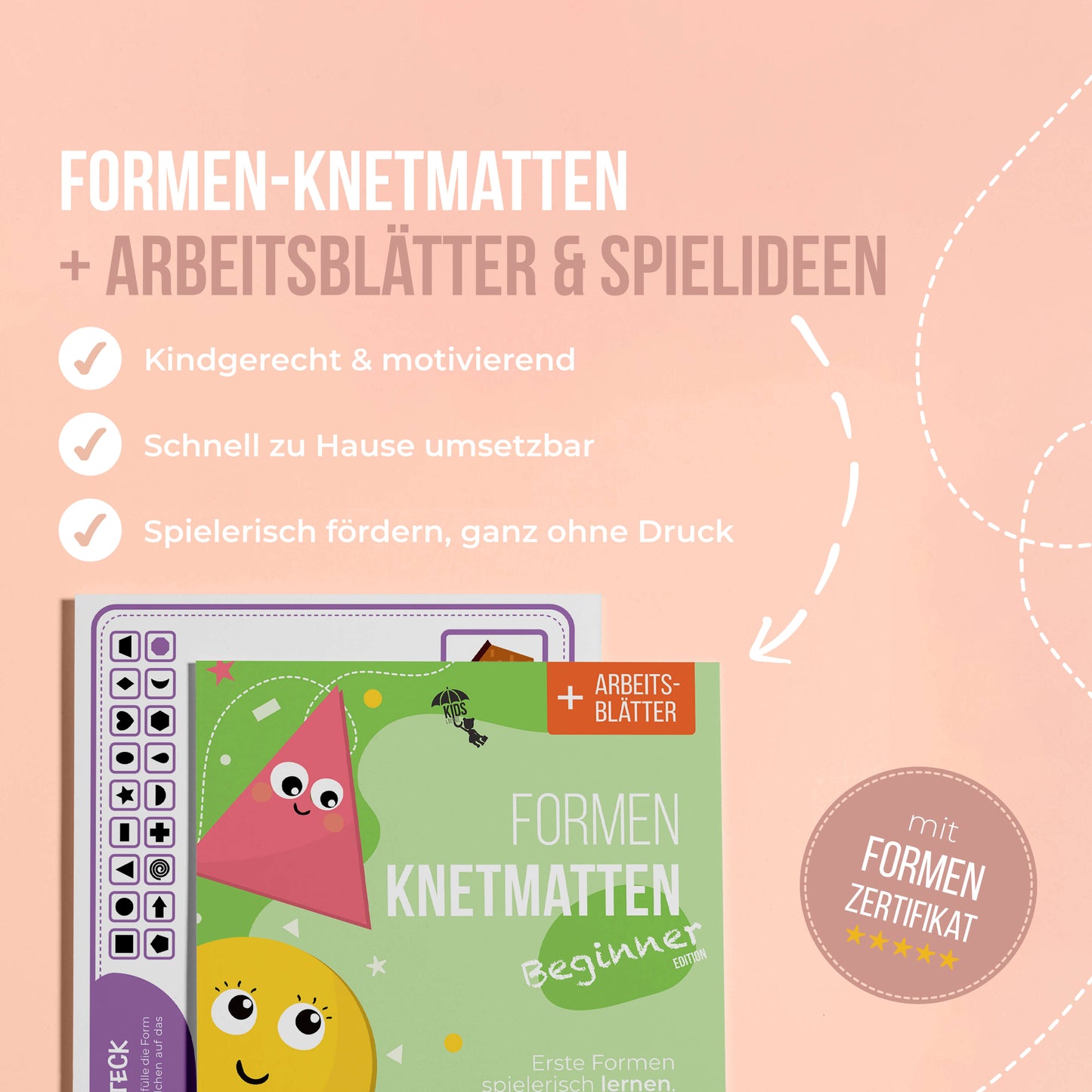 Infografik mit Vorteilen der Formen-Knetmatten: Kindgerecht, schnell umsetzbar und spielerisch fördernd.