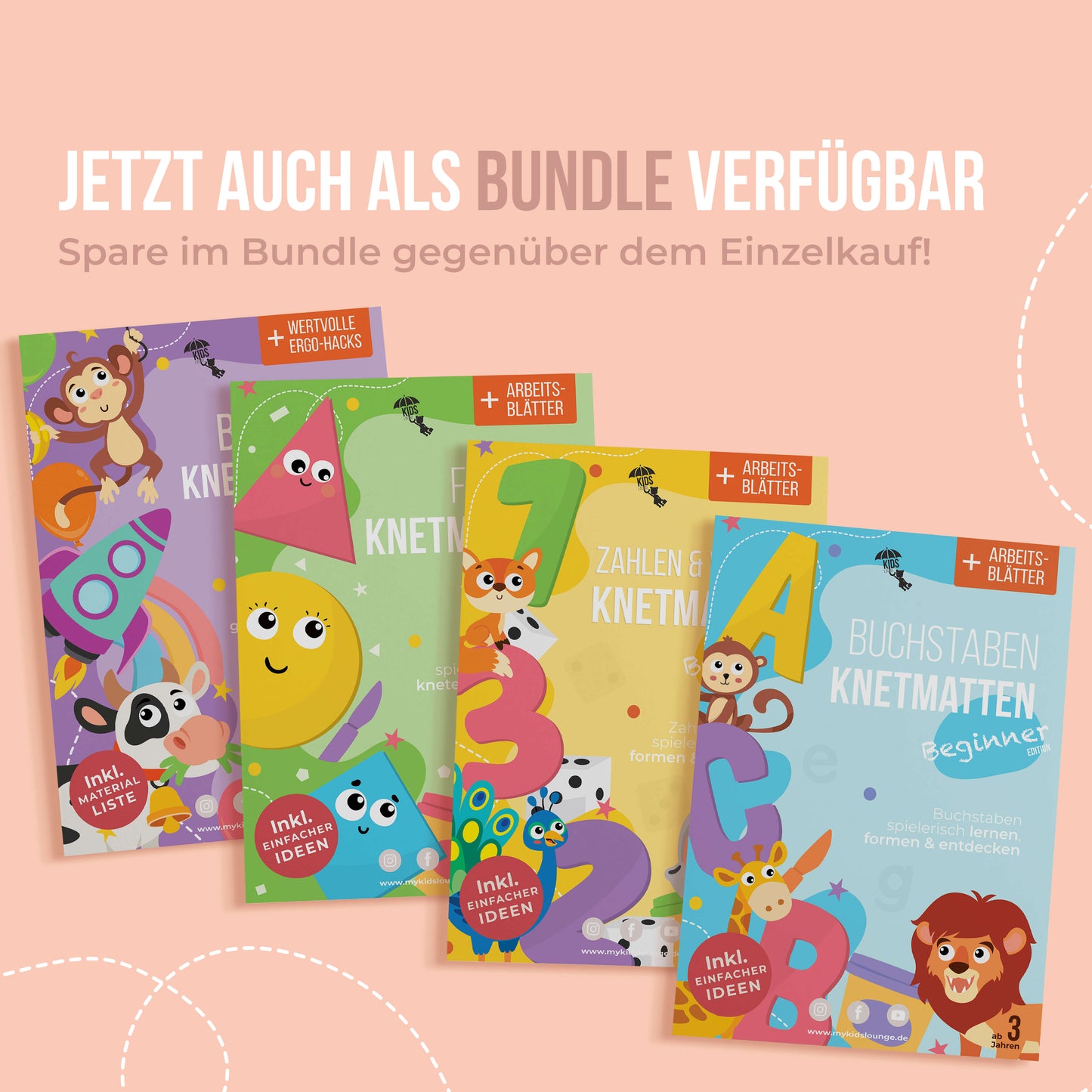 Bundle mit Knetmatten für Beginner, Buchstaben, Zahlen & Würfel und Formen. Spielerisch lernen mit Arbeitsblättern und einfachen Spielideen.