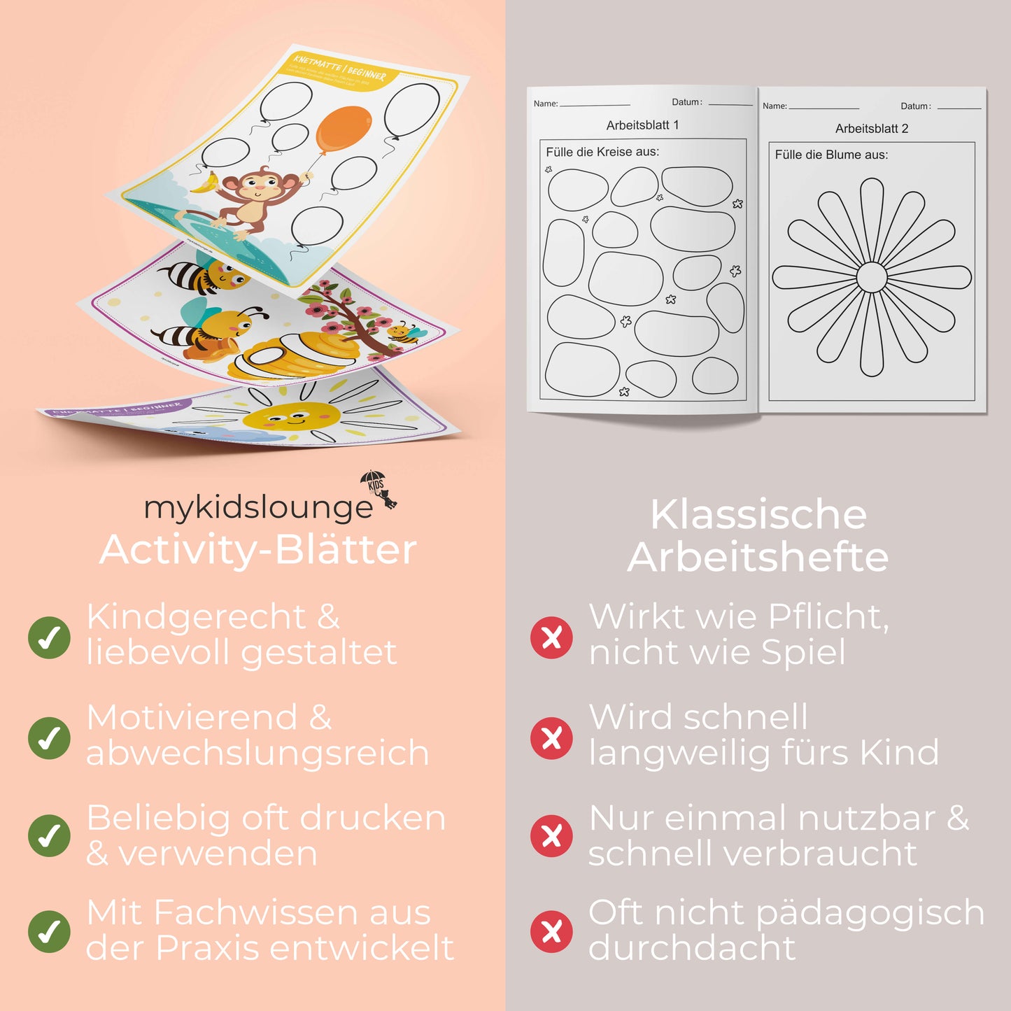Vergleich zwischen den mykidslounge Beginner Knetmatten und klassischen Arbeitsheften. Links farbenfrohe Knetmatten mit kindgerechten Tiermotiven wie Affe, Biene und Sonne, die spielerisches Lernen fördern. Sie sind liebevoll gestaltet, motivierend und beliebig oft druckbar. Rechts einfache schwarz-weiße Arbeitsblätter mit Kreisen und Blumenformen, die weniger kreativ wirken. Der Text hebt hervor: mykidslounge Activity-Blätter sind kindgerecht, abwechslungsreich und von Pädagogen entwickelt.