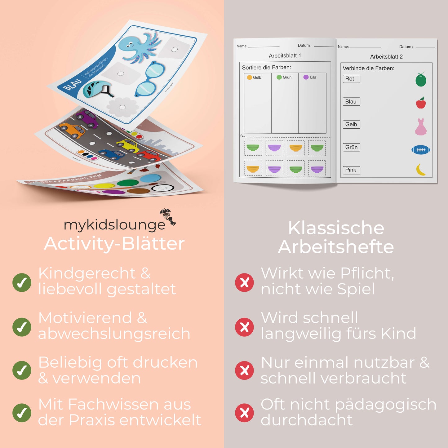 Gegenüberstellung von mykidslounge Druckvorlagen und herkömmlichen Arbeitsheften mit Fokus auf Wiederverwendbarkeit, kindgerechtem Design und entwicklungsfördernden Inhalten