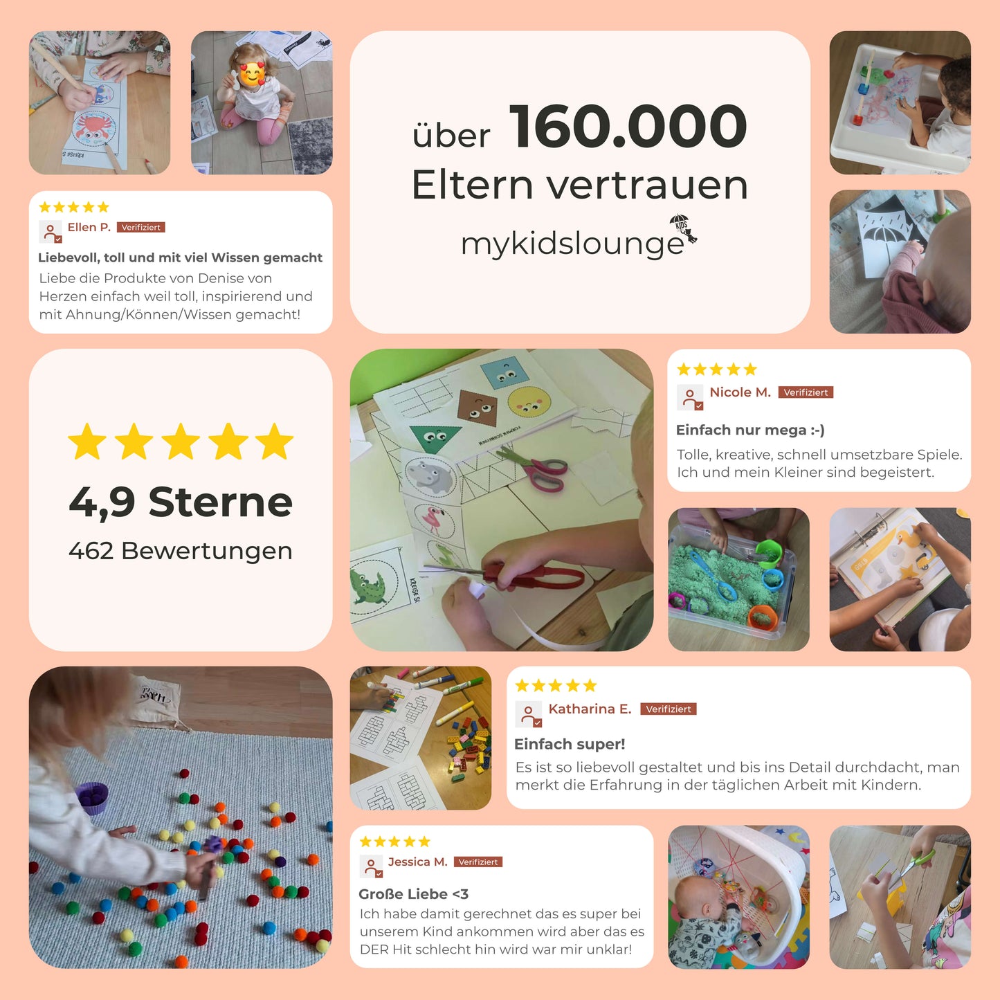 Social-Proof-Collage von mykidslounge: über 160.000 Eltern vertrauen der Marke. Gezeigt werden spielende Kinder mit Bastel- und Fördermaterialien, echte Kundenbewertungen mit 5 Sternen und Kommentaren über kreative, liebevoll gestaltete und alltagstaugliche Spielideen. Durchschnittsbewertung 4,9 Sterne bei 462 Rezensionen.