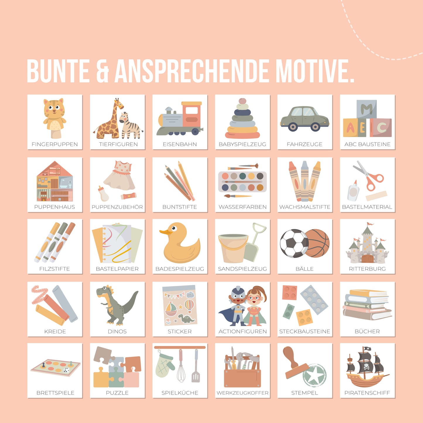 Alle bunten und ansprechenden DIY Spielzeugetiketten Motive liegen auf pinken Untergrund