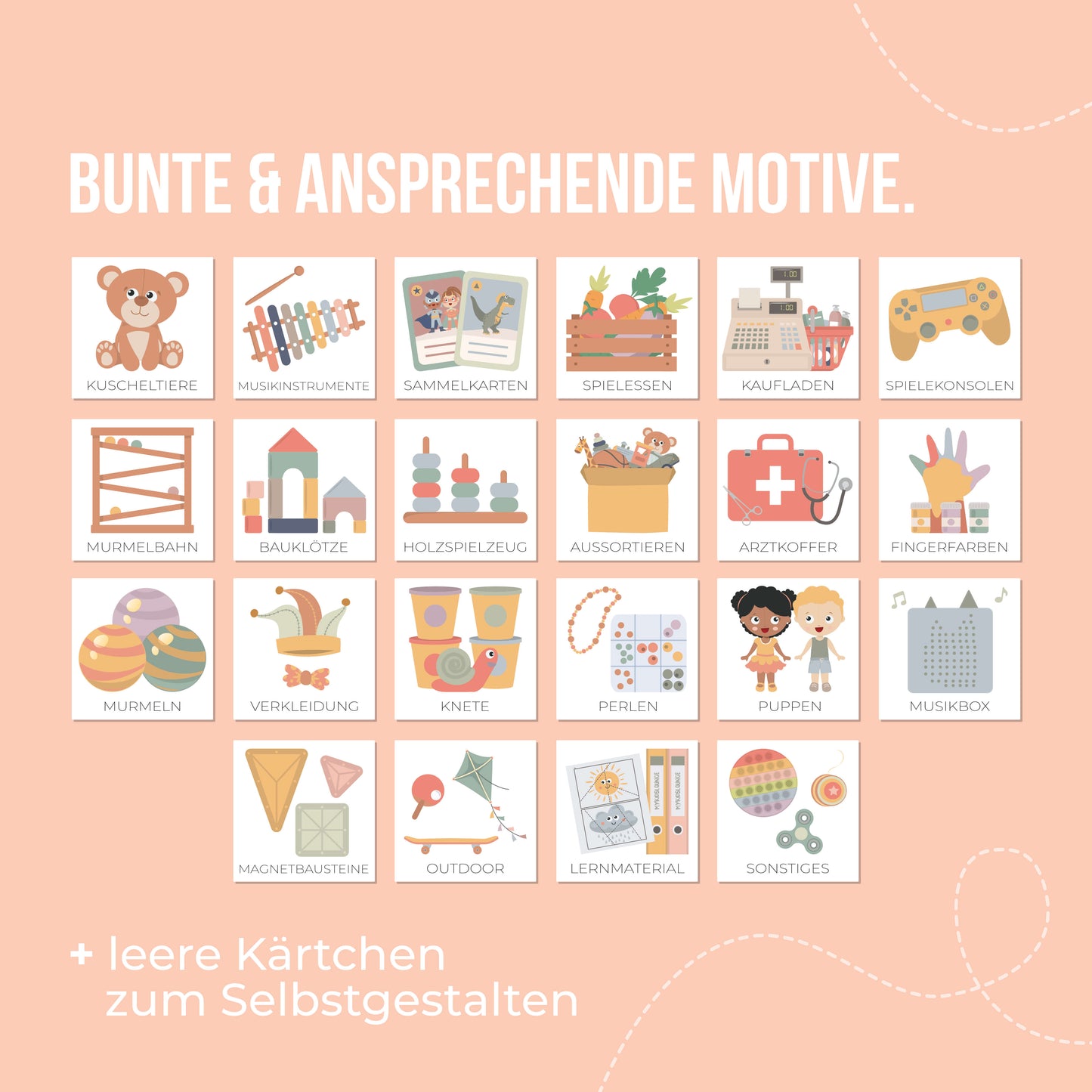 Weitere bunte und ansprechende DIY Spielzeugetiketten Motive liegen auf pinken Untergrund