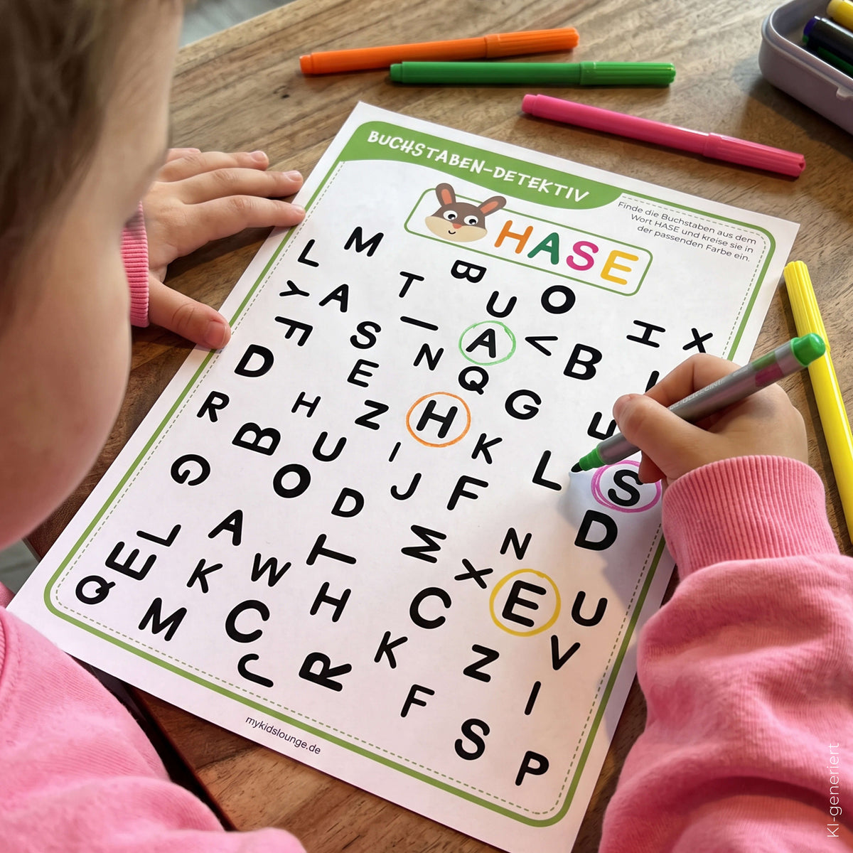 Kind im rosa Pullover bearbeitet das Buchstaben-Detektiv Arbeitsblatt HASE und kreist die passenden Buchstaben mit bunten Stiften ein.