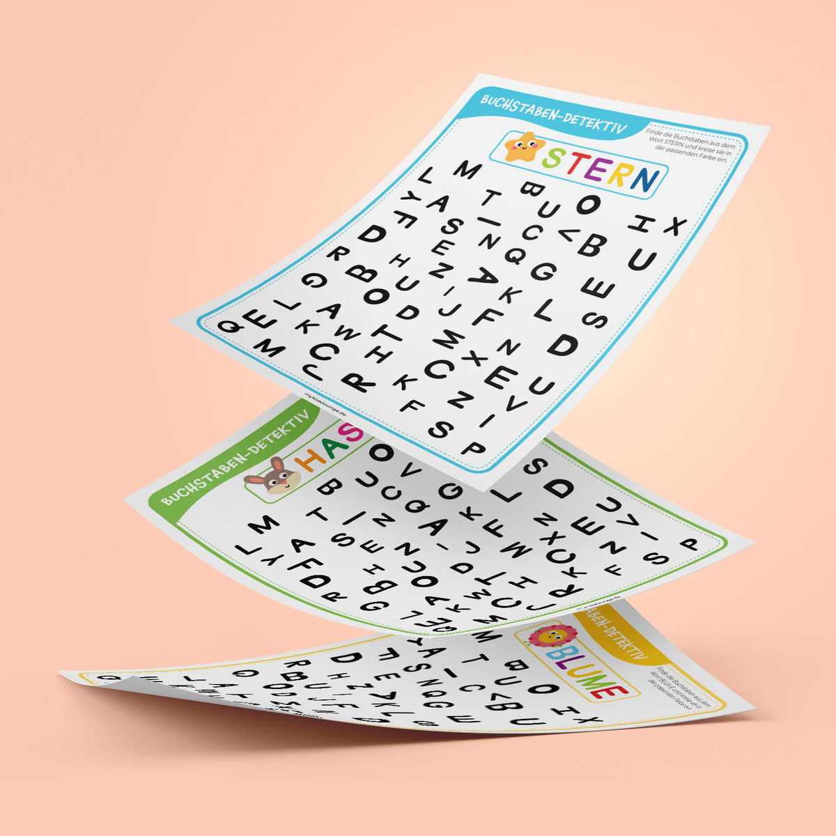Drei Buchstaben-Detektiv Arbeitsblätter mit den Wörtern Stern, Hase und Blume als Buchstaben-Suchspiel zum Ausdrucken für Kindergartenkinder.