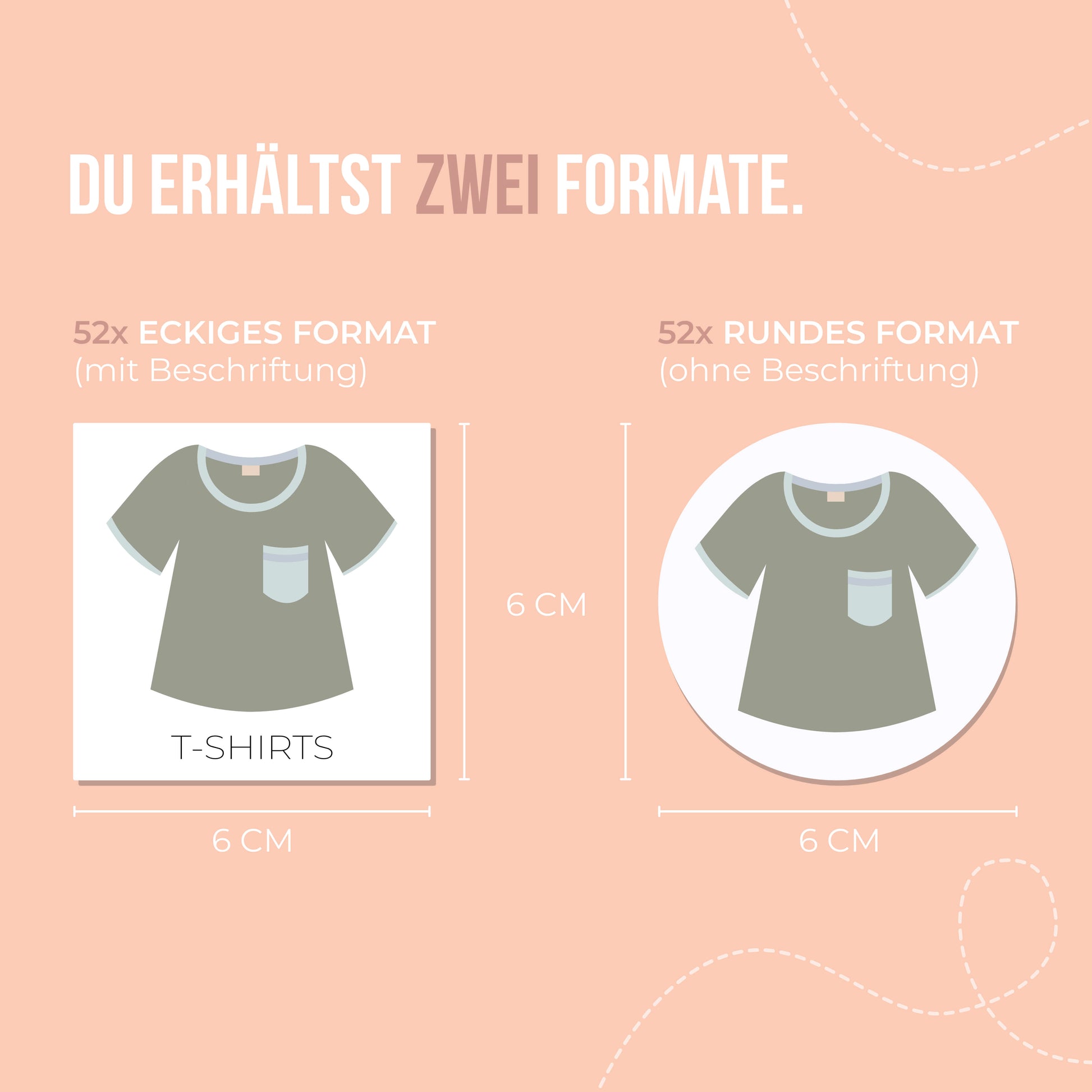 Kleiderschranketiketten Infografik zeigt die Größe von 6 x 6 cm der Etiketten für Kinder in eckigem und rundem Format