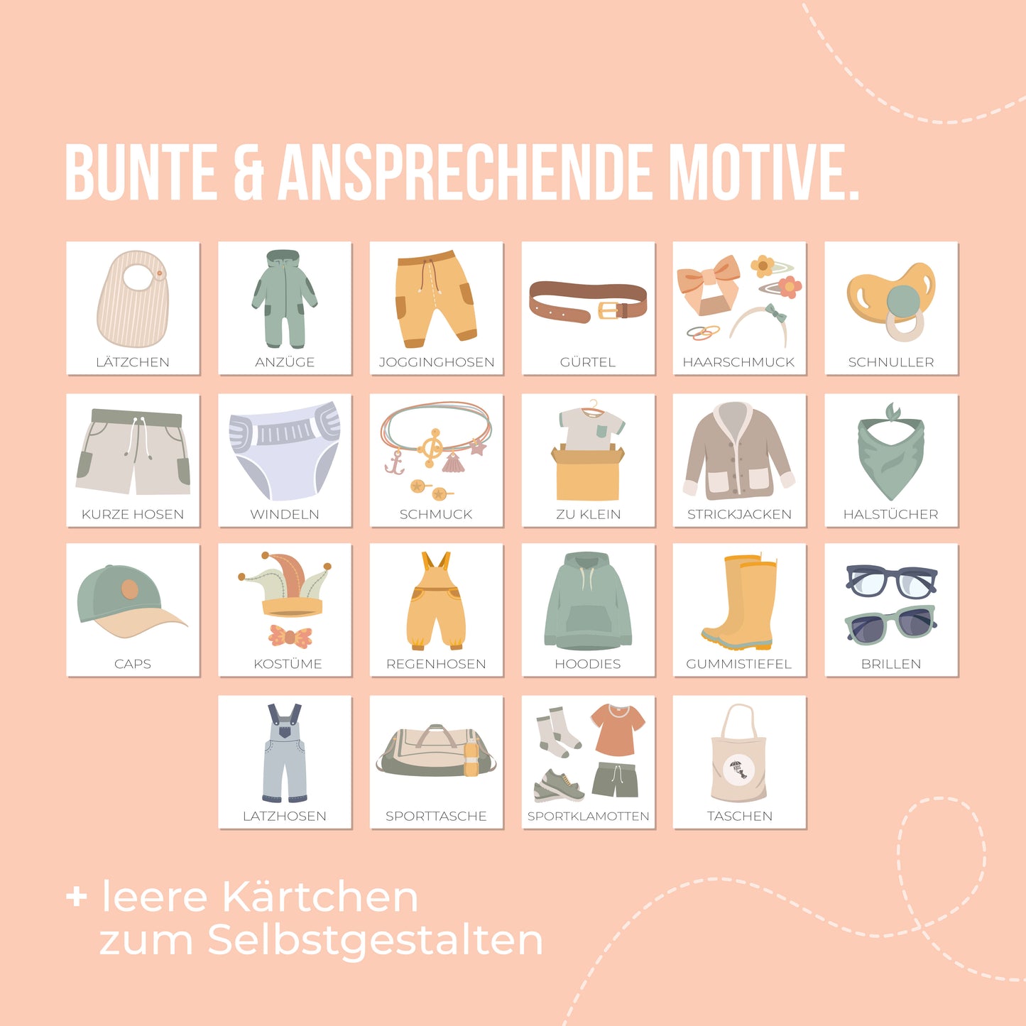 Weitere bunte und ansprechende DIY Kleiderschrank Label Motive liegen auf pinken Untergrund