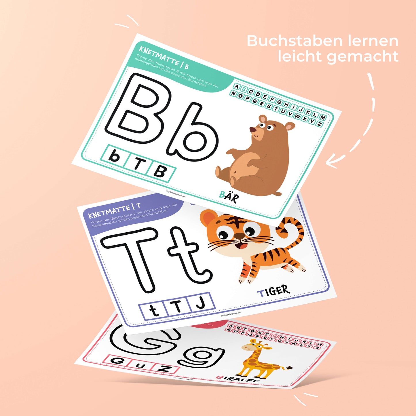 Knetmatte mit den Buchstaben B, T und G Lernvorlagen mit Tiermotiven zum Buchstaben lernen mit Knete.