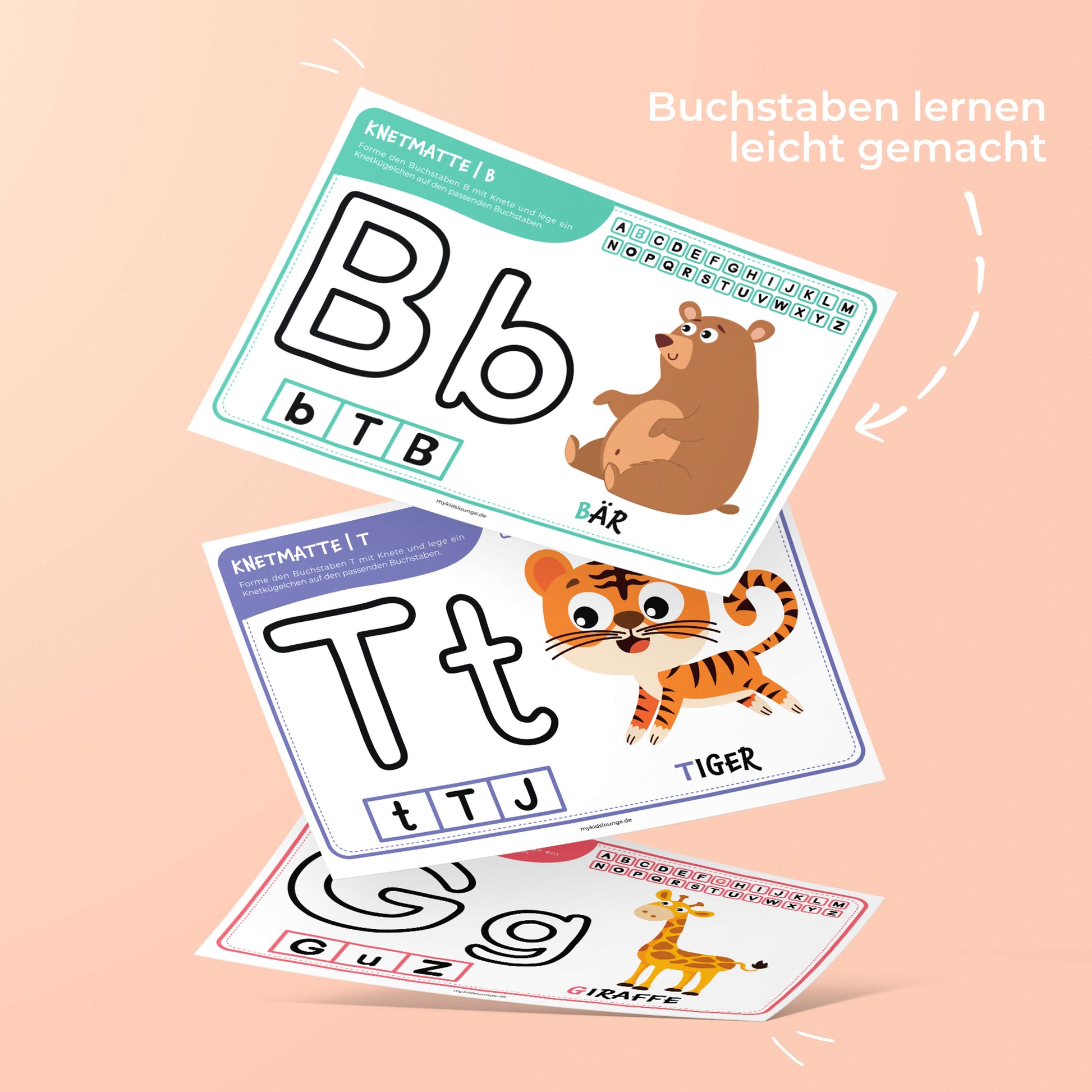 Knetmatte mit den Buchstaben B, T und G Lernvorlagen mit Tiermotiven zum Buchstaben lernen mit Knete.