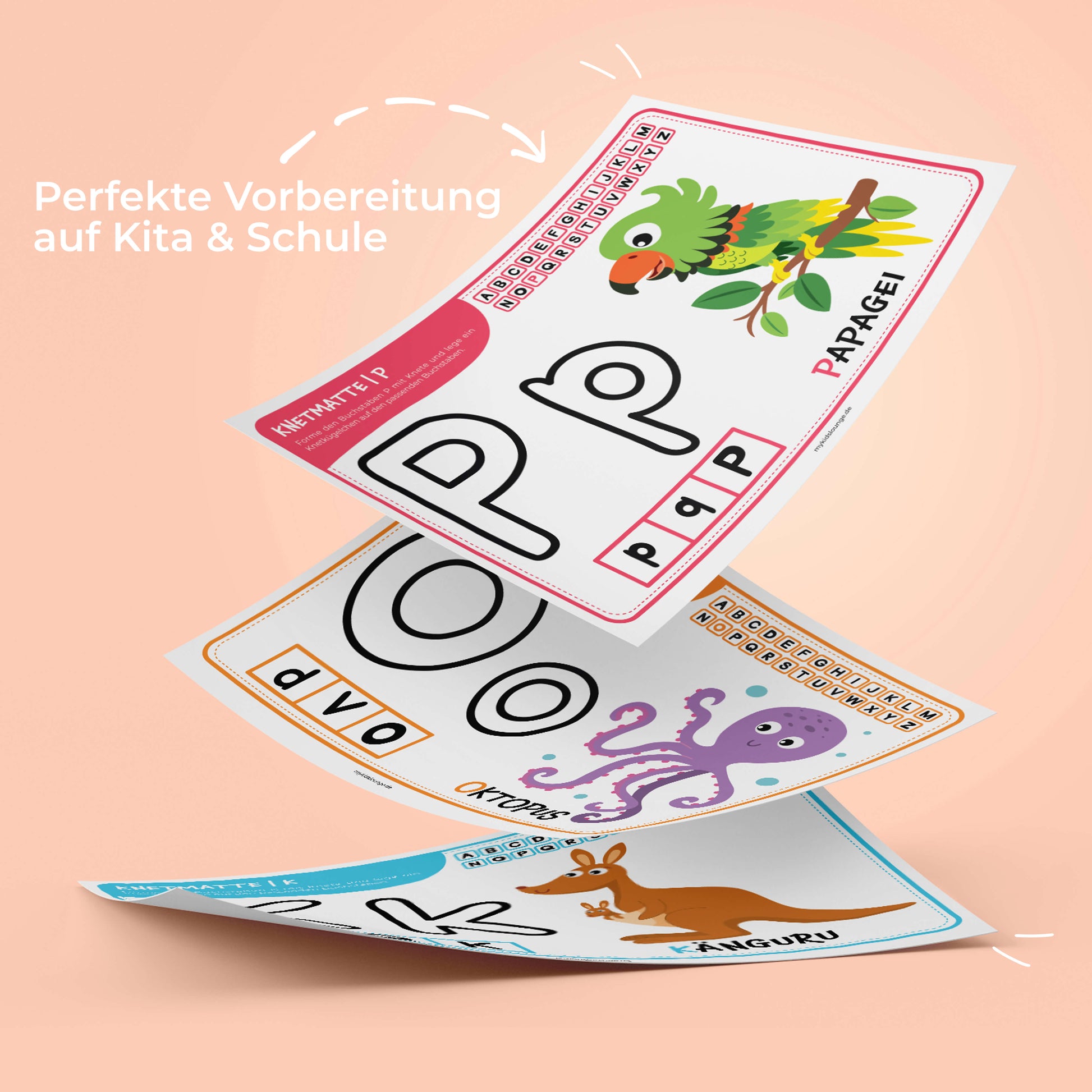 ABC Knetmatten mit Papagei, Oktopus und Känguru. Kreative Übungen für Kinder zum Buchstaben lernen.