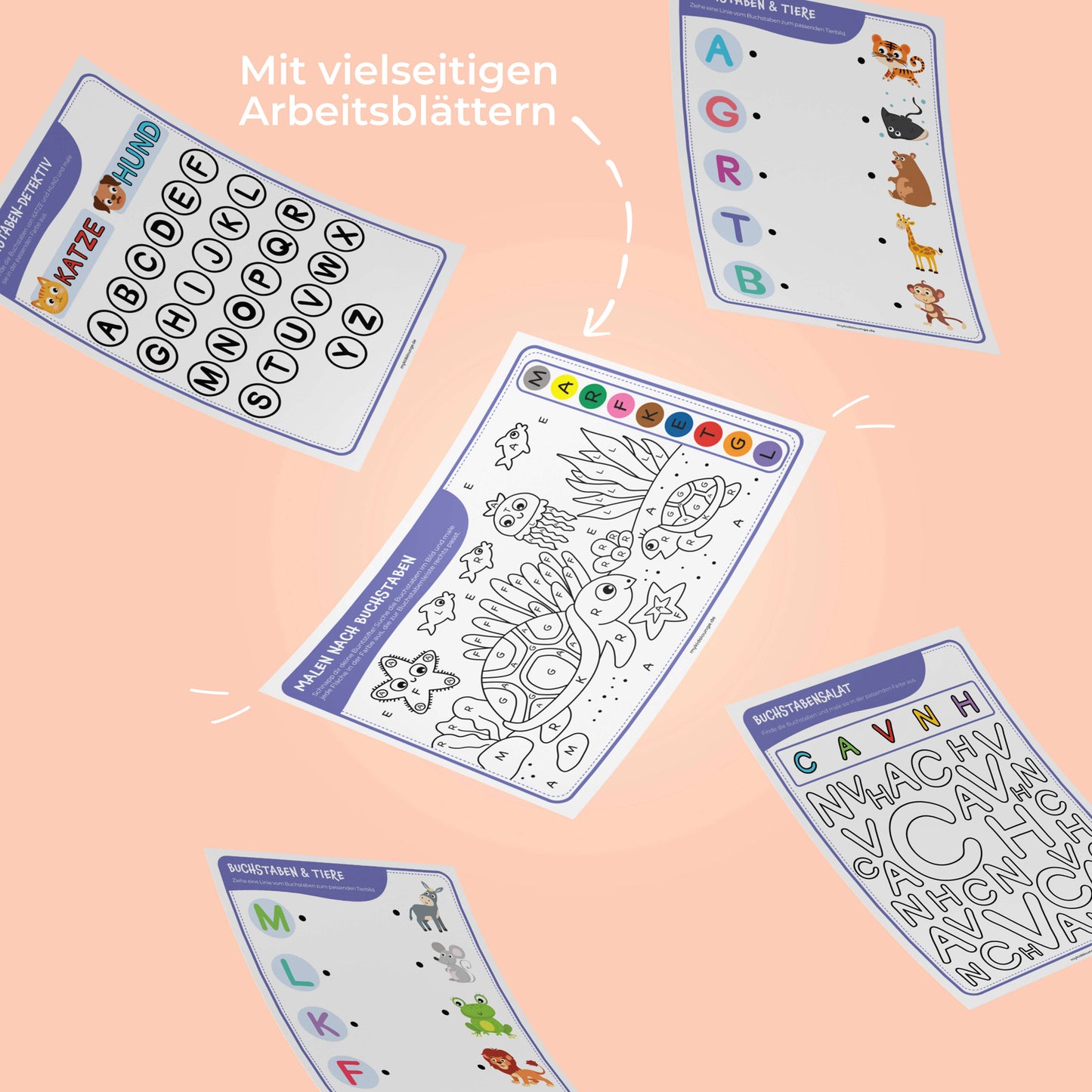Vielfältige Arbeitsblätter zum Buchstaben lernen für Kinder. Ausmalbilder, Buchstabensalat und Tierzuordnung.