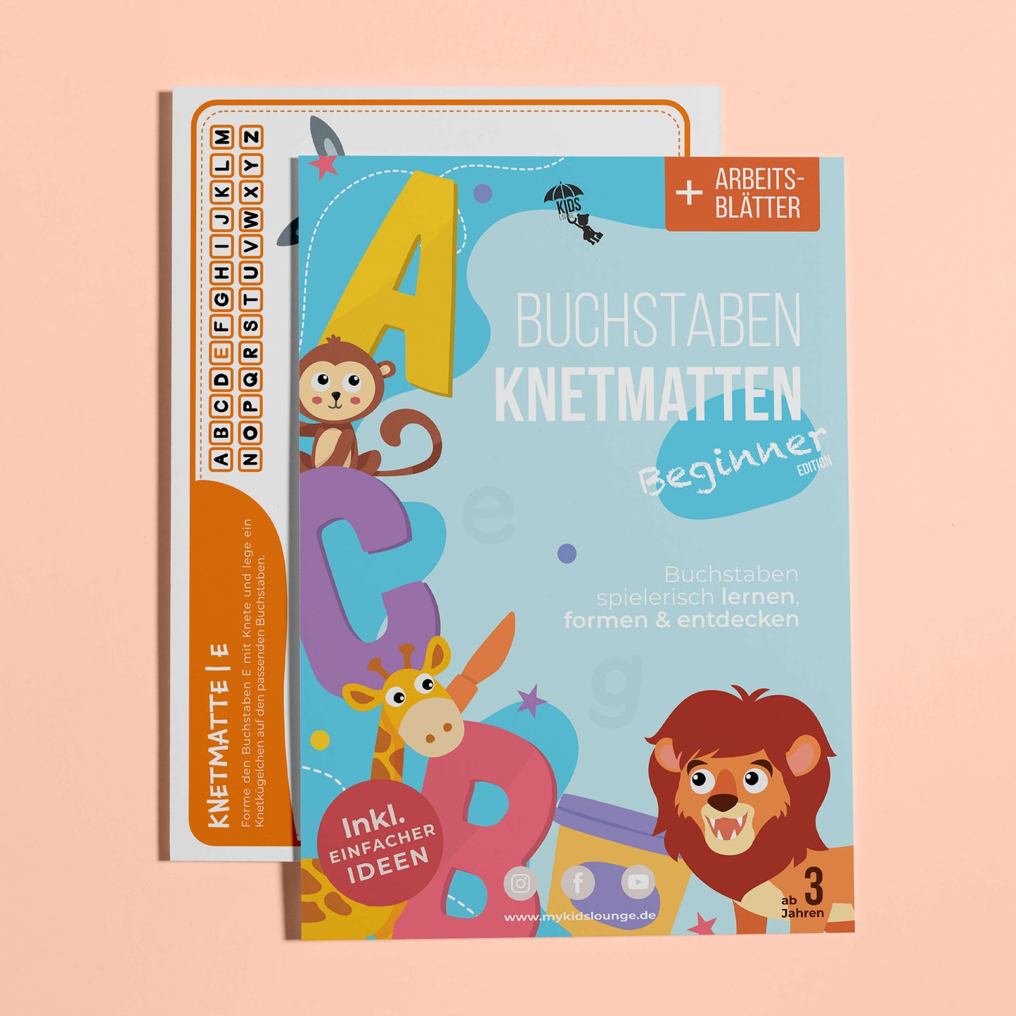 mykidslounge Cover der Buchstaben Knetmatten Beginner Edition. Spielerisch Buchstaben lernen mit Tiermotiven und Knete.