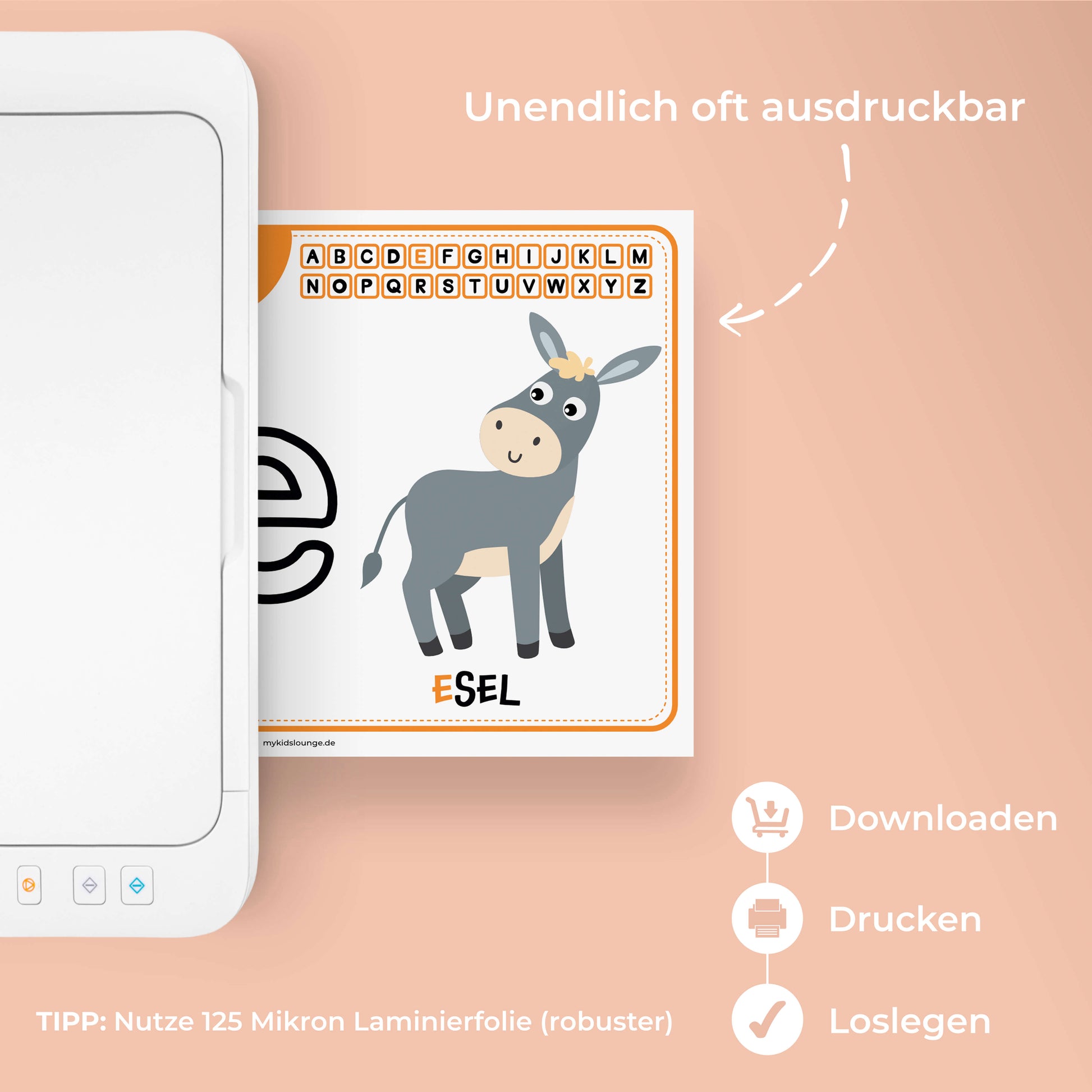 Esel Vorlage zum Buchstaben lernen. Ausdruckbares Übungsblatt zum Nachformen mit Knete.
