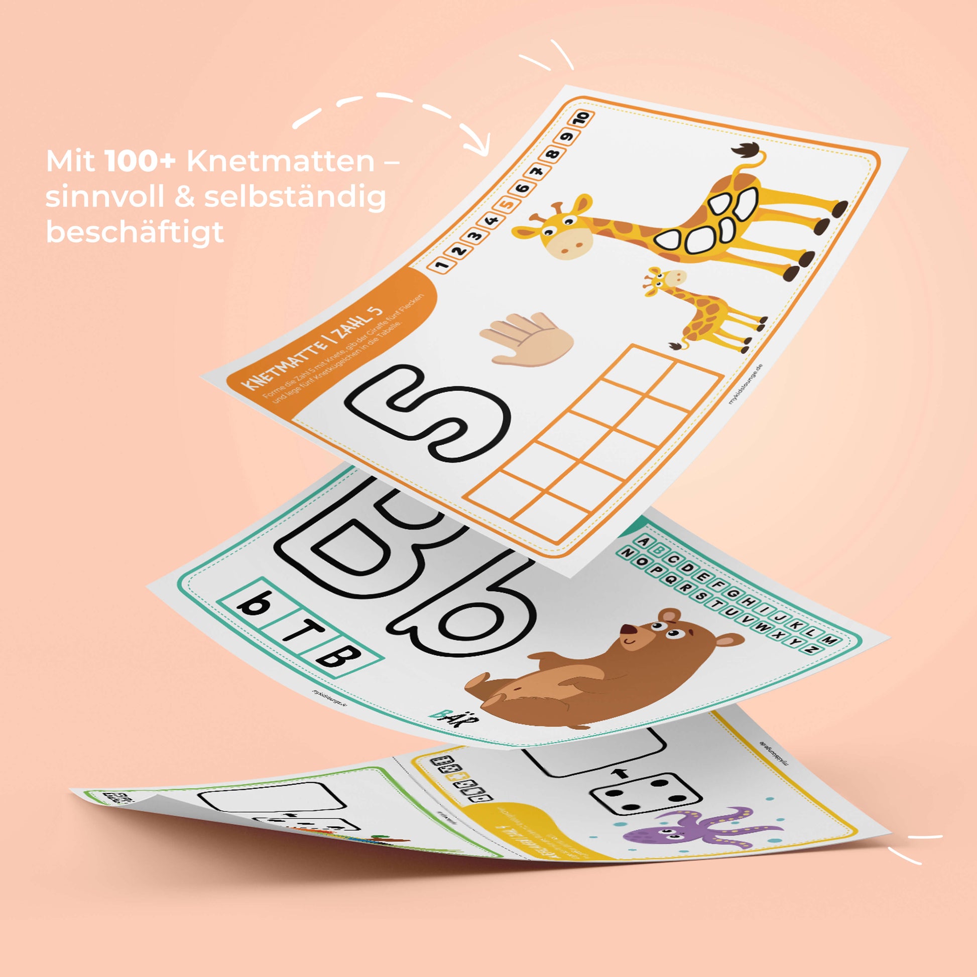 Drei Knetmatten-Vorlagen mit Zahlen, Buchstaben und Würfeln in moderner, kindgerechter Gestaltung – ideal für kreatives, selbstständiges Lernen zu Hause.