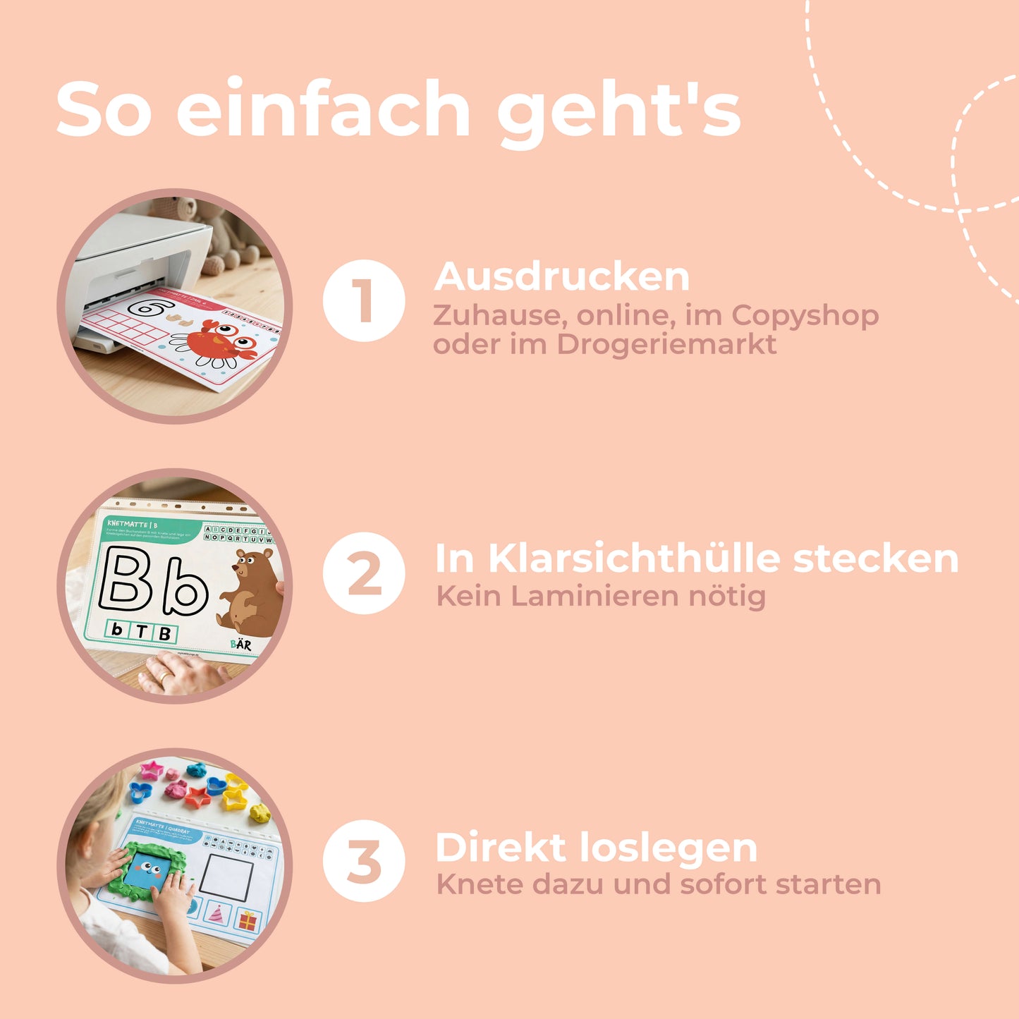 So einfach geht’s mit den Knetmatten: ausdrucken, in eine Klarsichthülle stecken und direkt mit Knete loslegen. Kein Laminieren nötig.