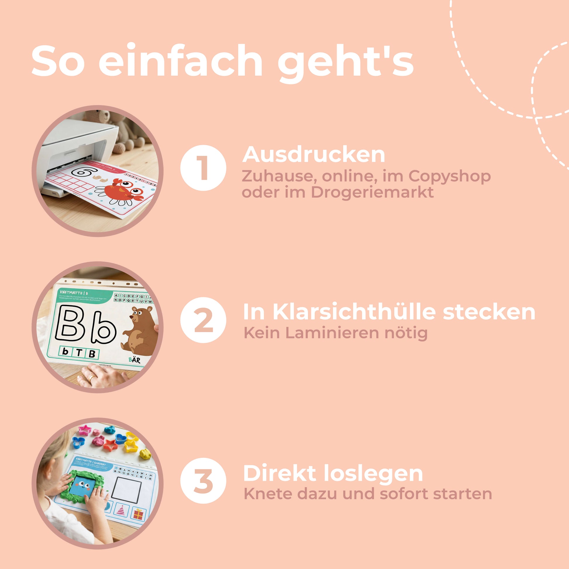 So einfach geht’s mit den Knetmatten: ausdrucken, in eine Klarsichthülle stecken und direkt mit Knete loslegen. Kein Laminieren nötig.