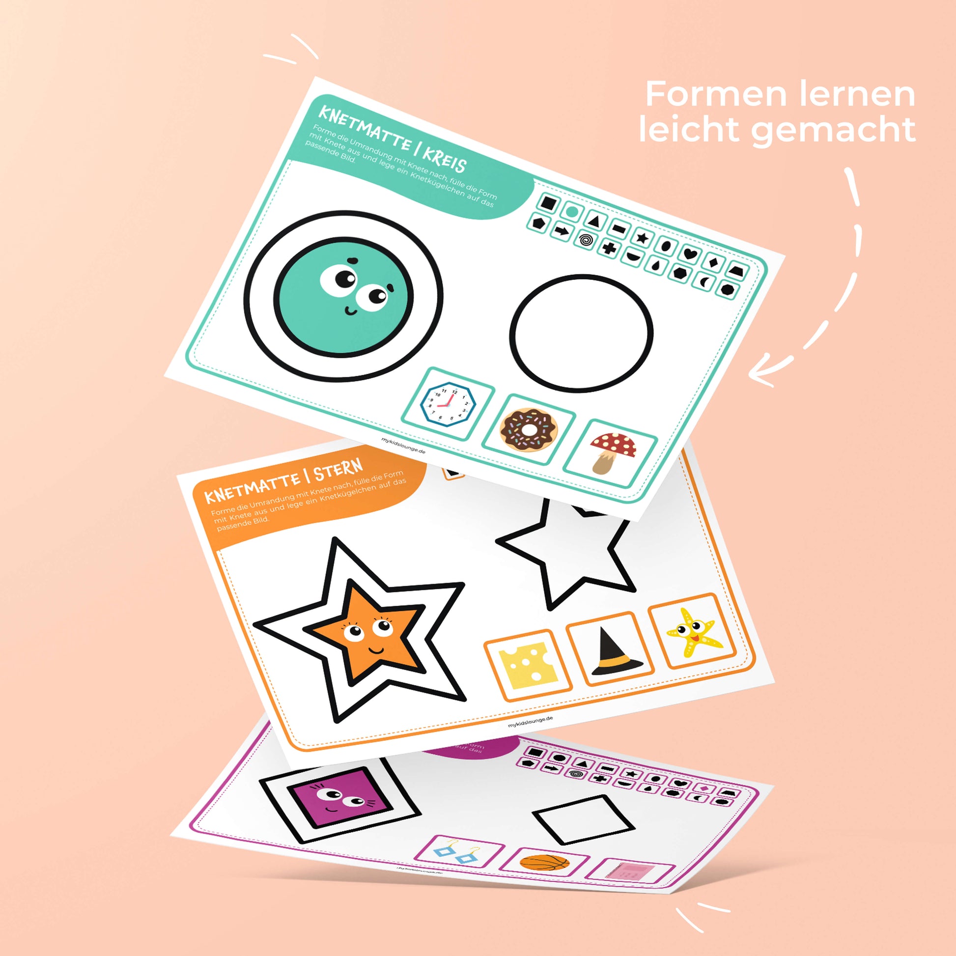 Knetmatte Kreis, Stern und Raute zum spielerischen Formenlernen mit Knete. Geeignet für Kinder ab 3 Jahren.