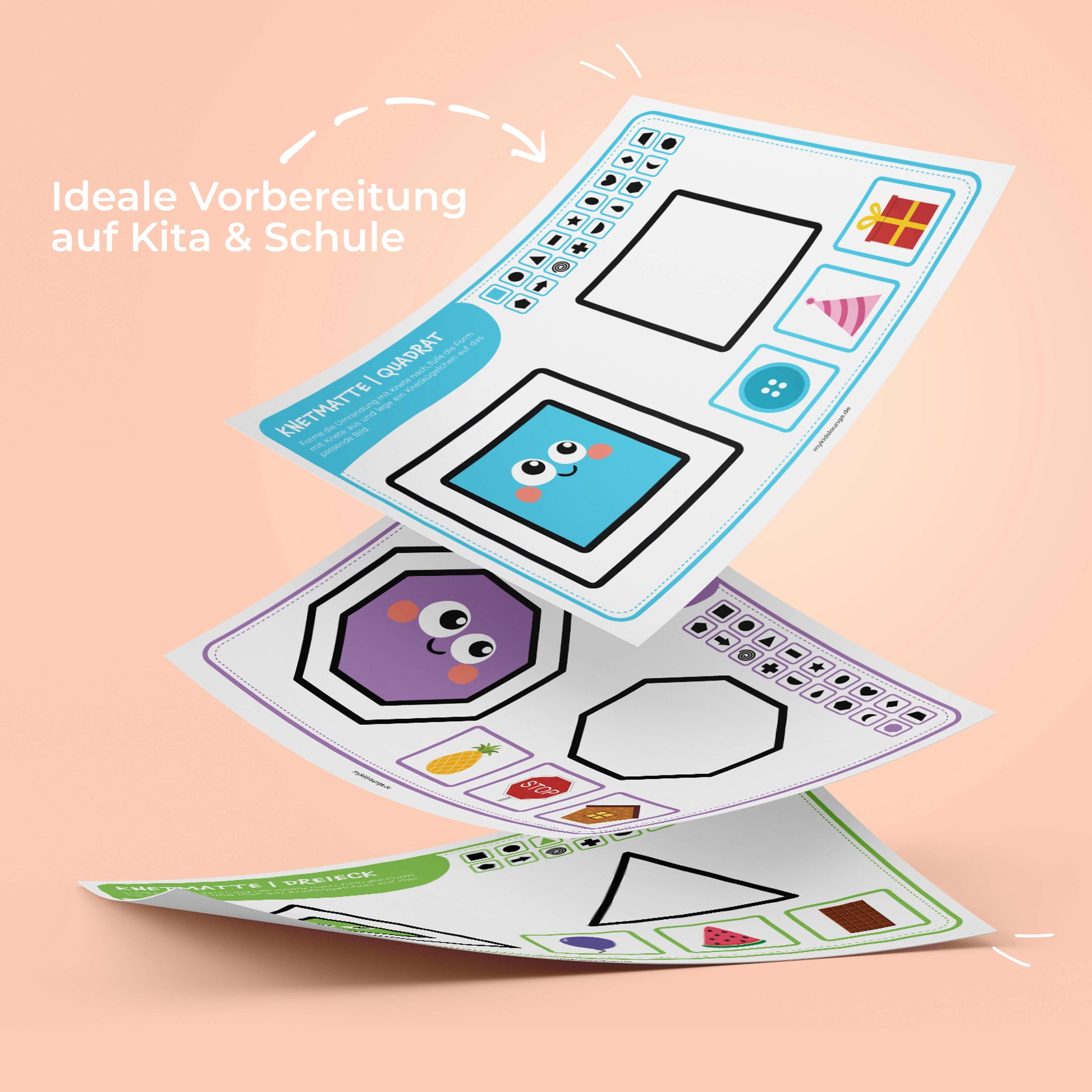 Weitere Knetmatten mit Formen wie Quadrat, Achteck und Dreieck. Darstellung zur Förderung der Feinmotorik.