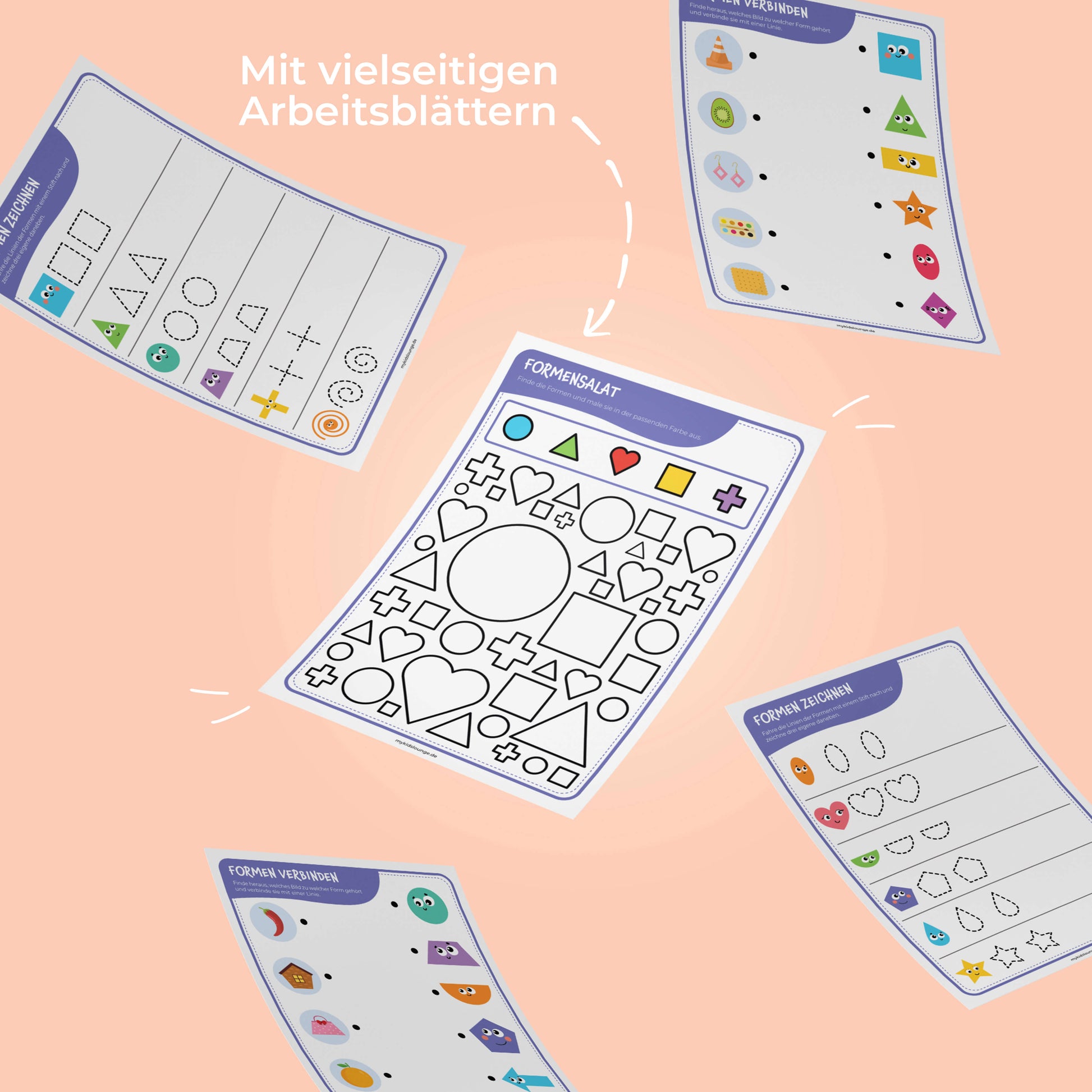 Übersicht verschiedener Arbeitsblätter zum Thema Formen. Übungen zum Verbinden, Zeichnen und Wiedererkennen.