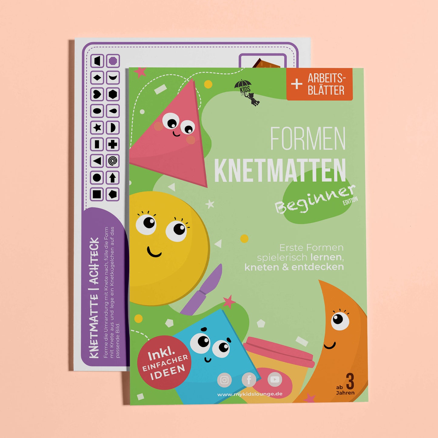 mykidslounge Cover der Formen-Knetmatten mit Einblick in eine Beispiel-Knetmatte. Motiv: Achteck mit kindgerechten Symbolen.