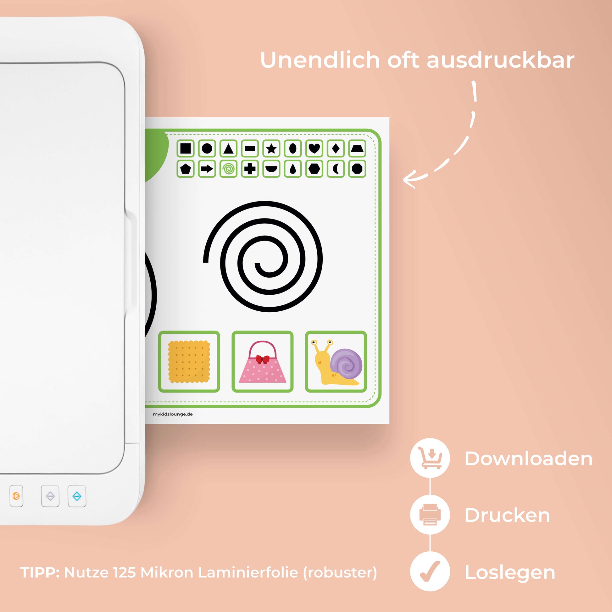 Druckansicht einer Knetvorlage mit Spirale. Hinweis auf unendliches Ausdrucken und Laminierempfehlung.