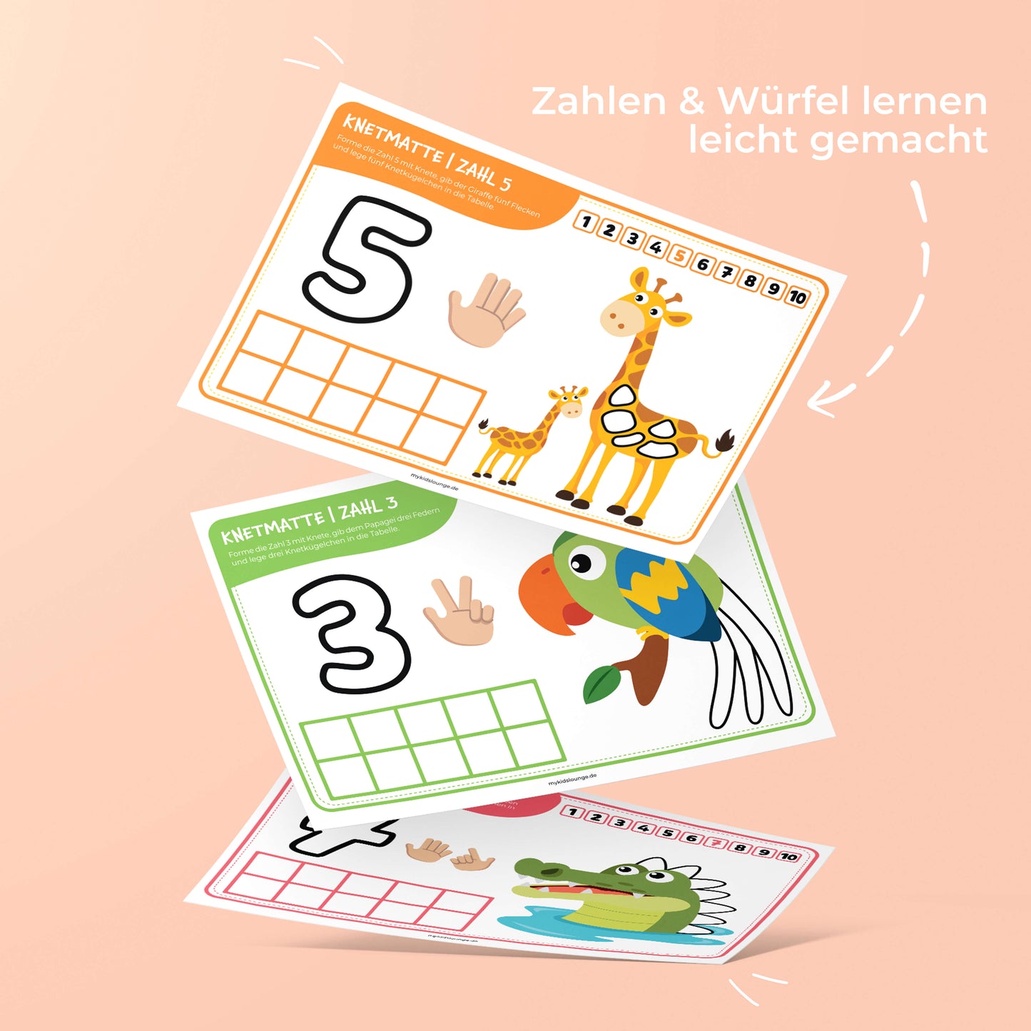 Zahlen Knetmatte mit der Zahl 5 für Kinder. Spielerisches Zahlen lernen mit Knete, Fingerbildern und Tieren. Perfekt für die Frühförderung ab 3 Jahren.