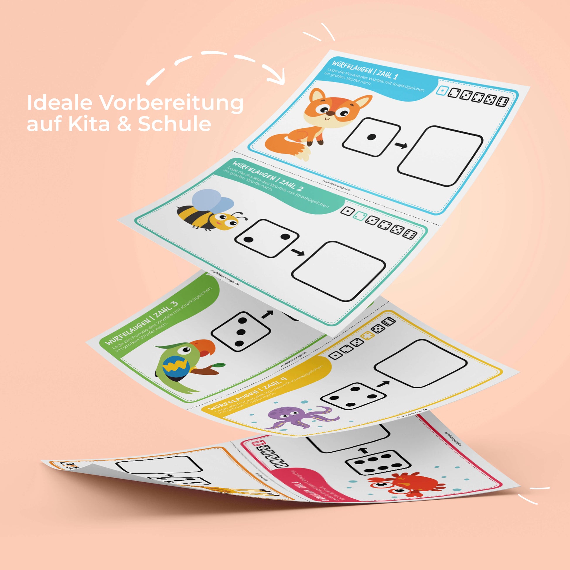 Würfelaufgaben zum Erkennen und Zuordnen. Mathematische Frühförderung für Kindergarten und Vorschule mit süßen Tierillustrationen.