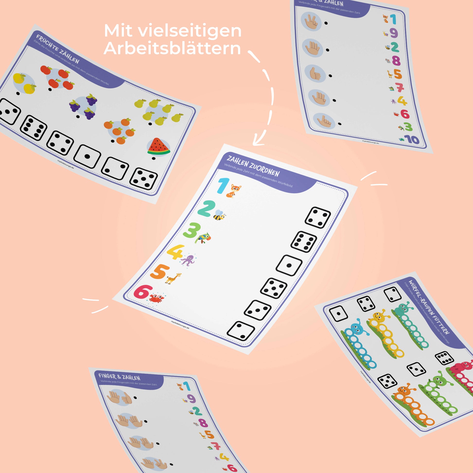 Arbeitsblätter zum Zuordnen von Zahlen, Mengen und Würfelbildern. Kindgerechte Übungen zur Förderung des Zahlenverständnisses.