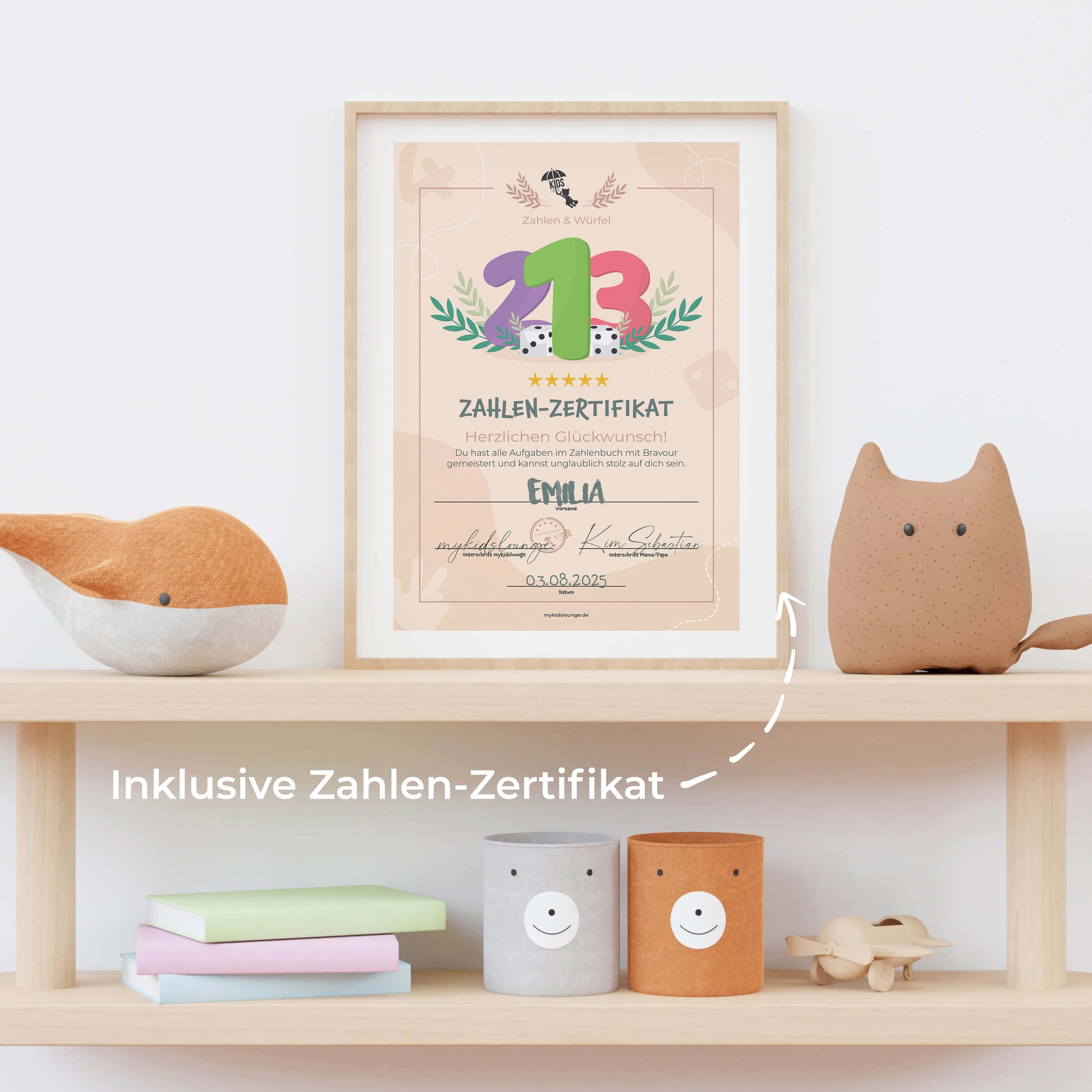 Zahlen-Zertifikat für Kinder nach dem Üben mit Knetmatten. Persönliche Auszeichnung zur Motivation beim Zahlen lernen.