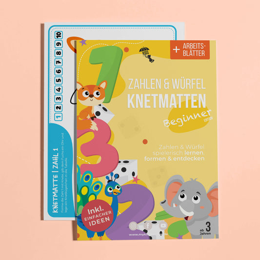 mykidslounge Cover der Zahlen und Würfel Knetmatten Beginner Edition. Lernmaterial ab 3 Jahren mit liebevoll gestalteten Zahlen, Würfeln und Tiermotiven.