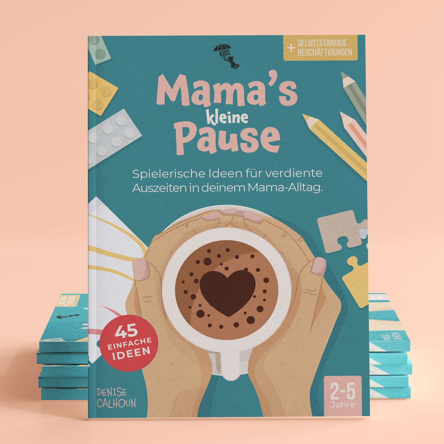 Stehendes mykidslounge Buch Mama's kleine Pause für Kinder von 2 - 5 Jahren lehnt an Buchstapel