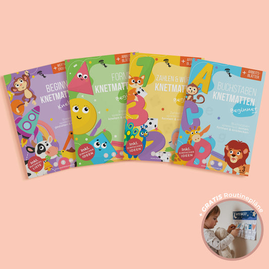 Knetmatten Bundle mit Beginner, Buchstaben, Zahlen und Formen für Kinder ab 2 Jahren. Spielerisch lernen, formen und entdecken mit liebevoll gestalteten Vorlagen und Arbeitsblättern für die frühe Förderung für Kindergarten und Schule.