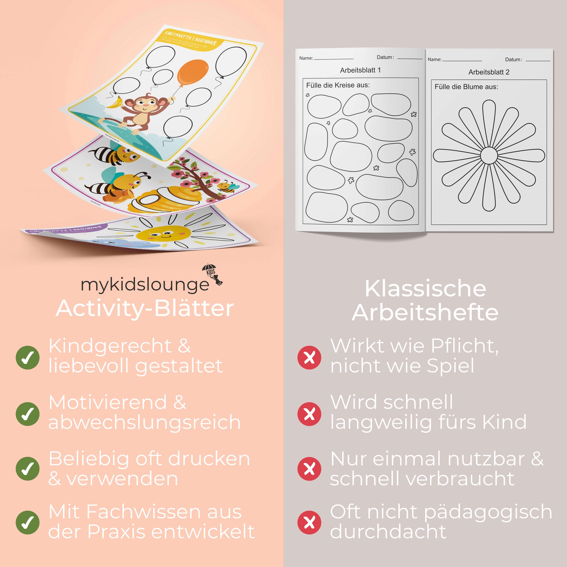 Vergleich zwischen den mykidslounge Beginner Knetmatten und klassischen Arbeitsheften. Links farbenfrohe Knetmatten mit kindgerechten Tiermotiven wie Affe, Biene und Sonne, die spielerisches Lernen fördern. Sie sind liebevoll gestaltet, motivierend und beliebig oft druckbar. Rechts einfache schwarz-weiße Arbeitsblätter mit Kreisen und Blumenformen, die weniger kreativ wirken. Der Text hebt hervor: mykidslounge Activity-Blätter sind kindgerecht, abwechslungsreich und von Pädagogen entwickelt.