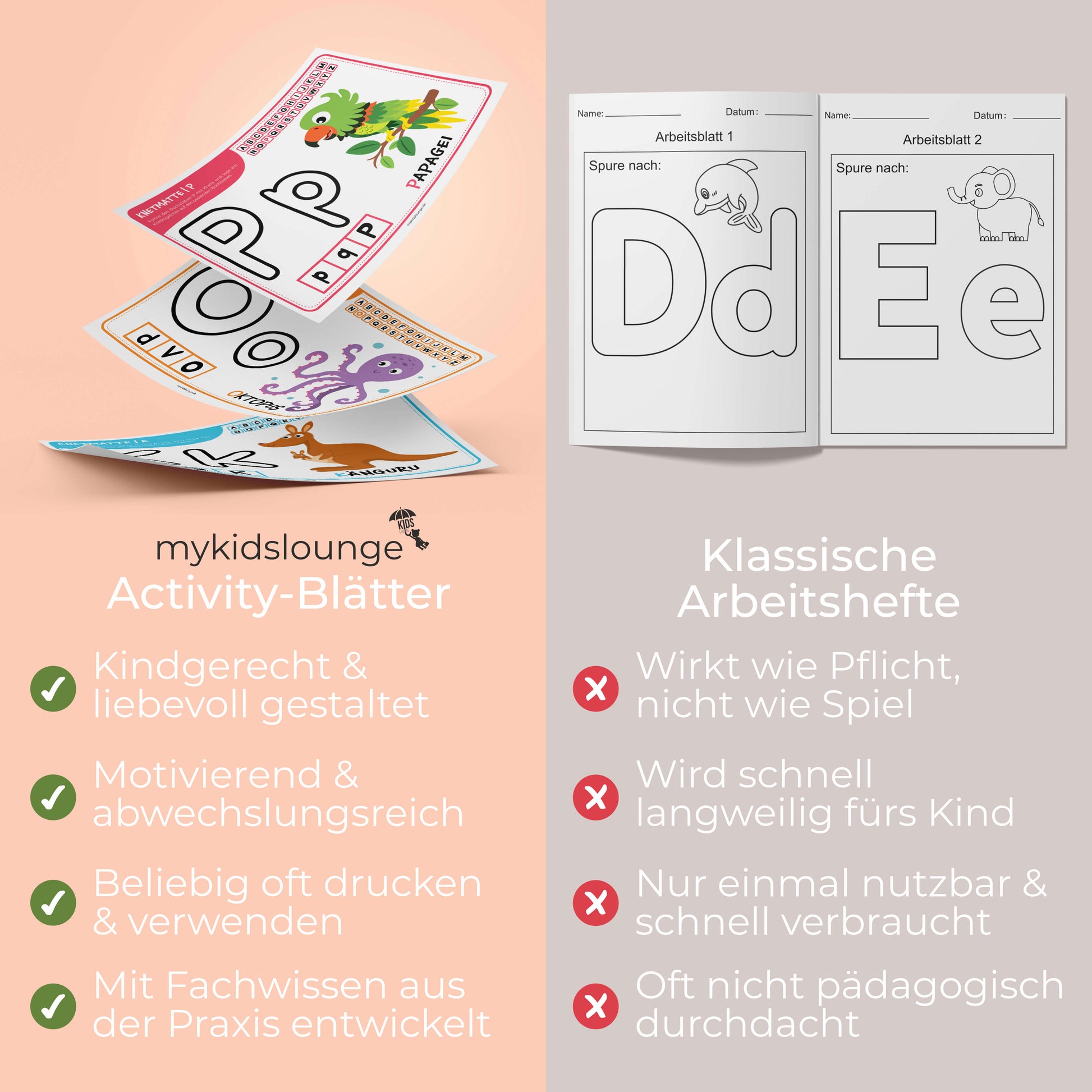 Gegenüberstellung von mykidslounge Druckvorlagen und herkömmlichen Arbeitsheften mit Fokus auf Wiederverwendbarkeit, kindgerechtem Design und entwicklungsfördernden Inhalten