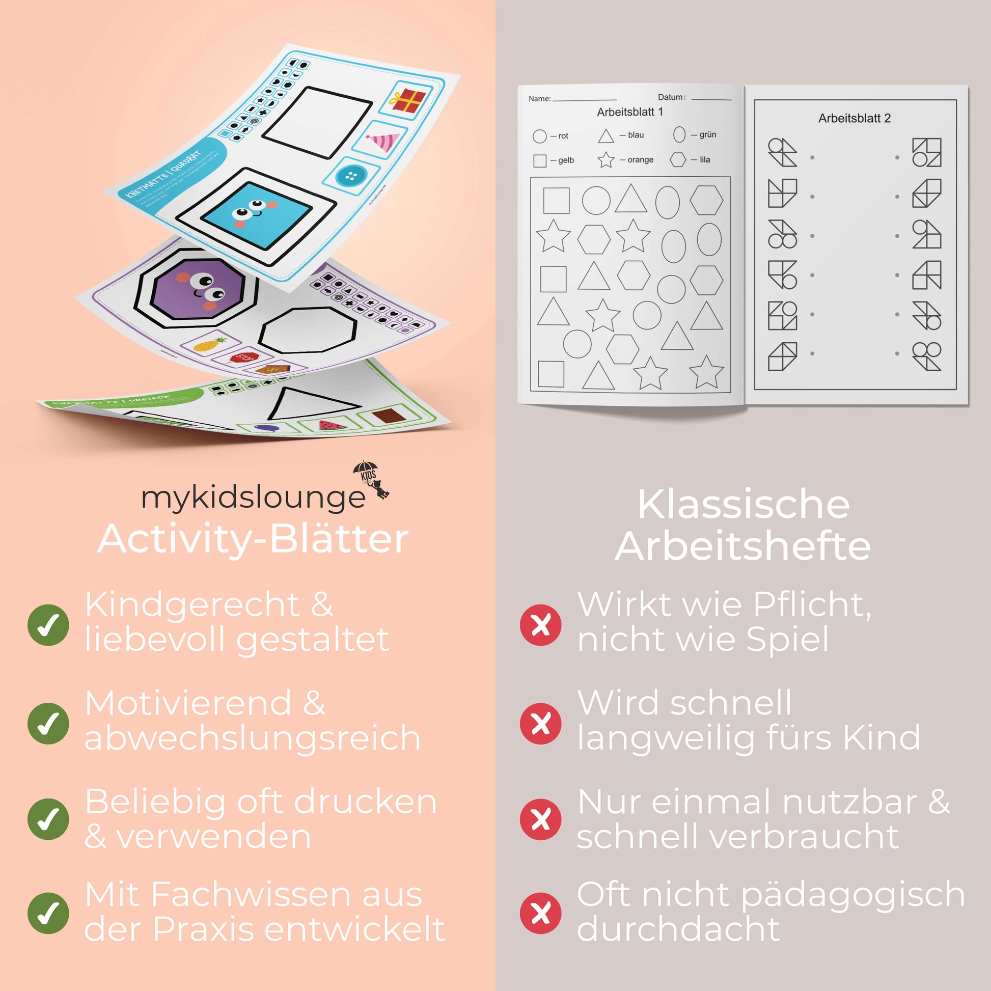 Gegenüberstellung von mykidslounge Druckvorlagen und herkömmlichen Arbeitsheften mit Fokus auf Wiederverwendbarkeit, kindgerechtem Design und entwicklungsfördernden Inhalten