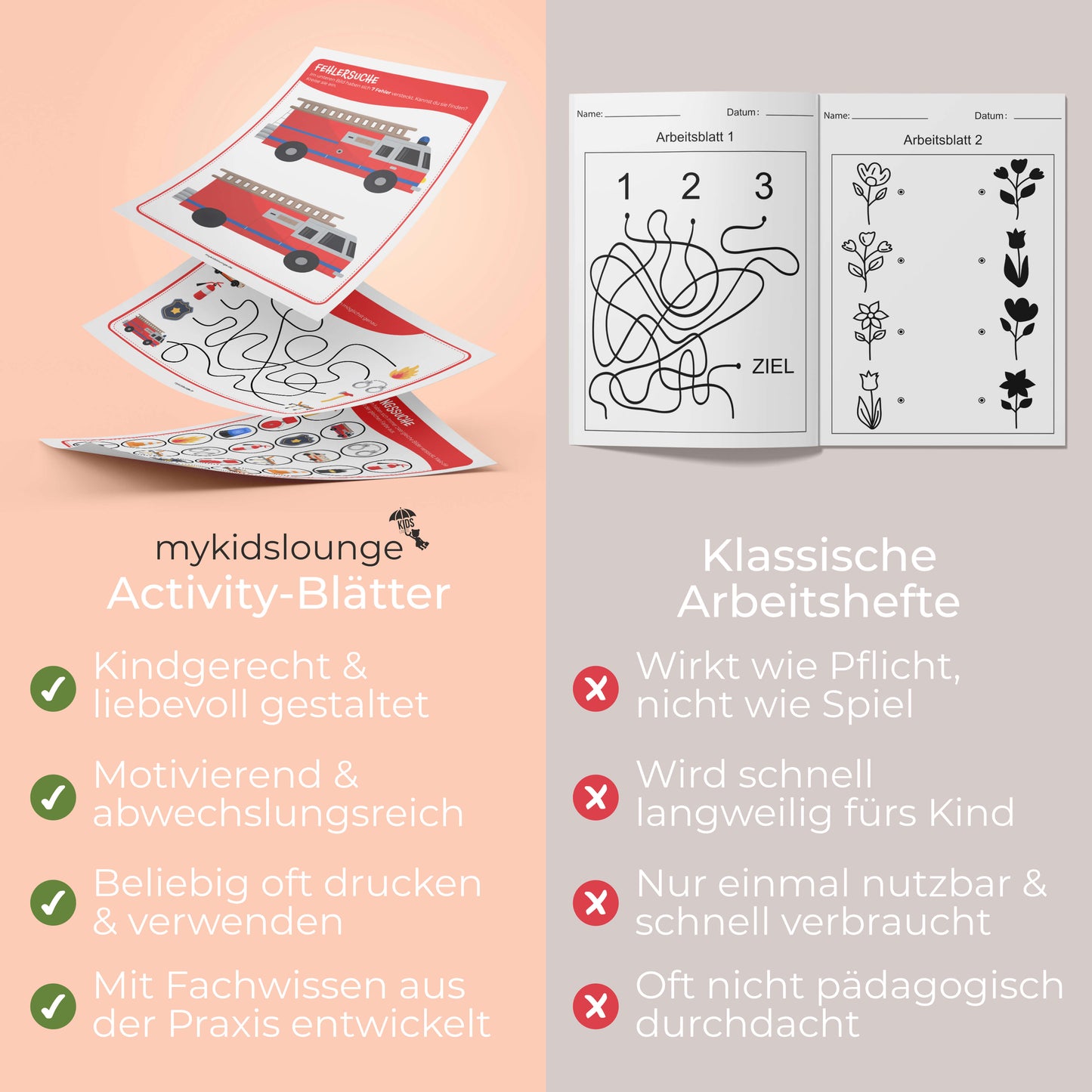 Gegenüberstellung von mykidslounge Druckvorlagen und herkömmlichen Arbeitsheften mit Fokus auf Wiederverwendbarkeit, kindgerechtem Design und entwicklungsfördernden Inhalten