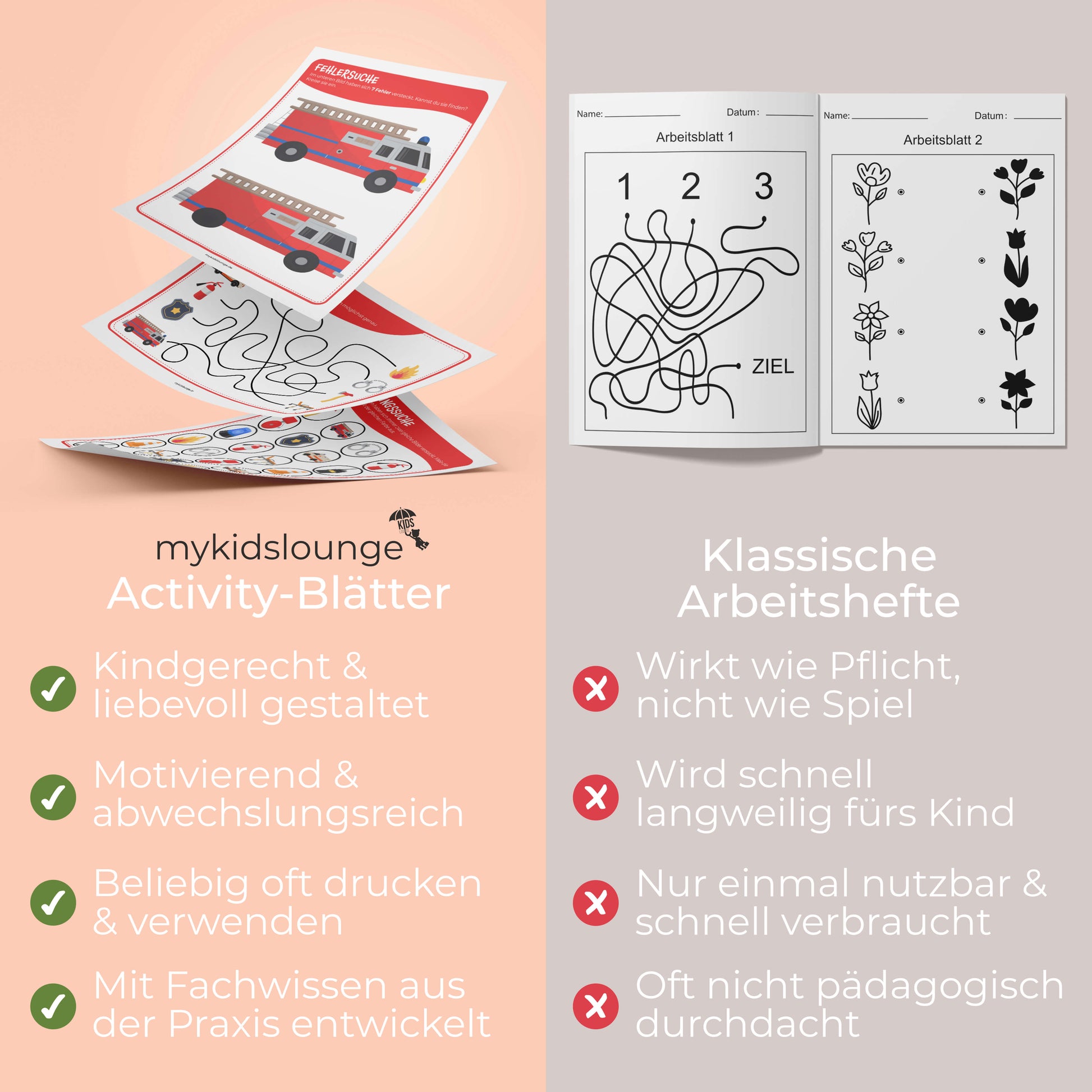 Gegenüberstellung von mykidslounge Druckvorlagen und herkömmlichen Arbeitsheften mit Fokus auf Wiederverwendbarkeit, kindgerechtem Design und entwicklungsfördernden Inhalten