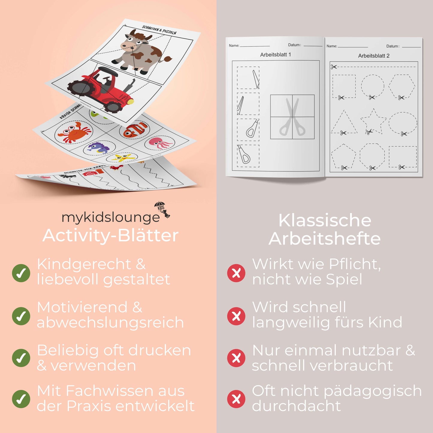 Gegenüberstellung von mykidslounge Druckvorlagen und herkömmlichen Arbeitsheften mit Fokus auf Wiederverwendbarkeit, kindgerechtem Design und entwicklungsfördernden Inhalten