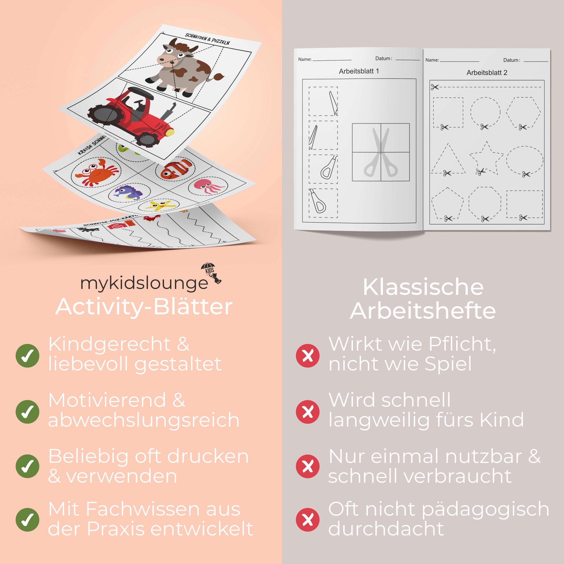Gegenüberstellung von mykidslounge Druckvorlagen und herkömmlichen Arbeitsheften mit Fokus auf Wiederverwendbarkeit, kindgerechtem Design und entwicklungsfördernden Inhalten
