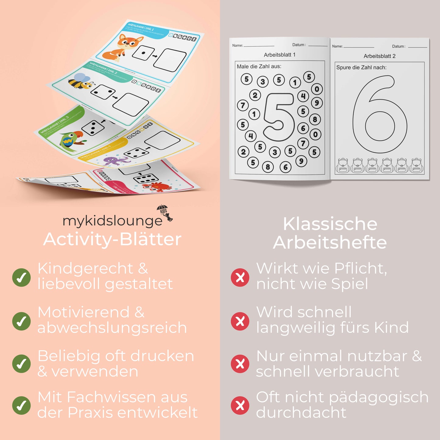 Gegenüberstellung von mykidslounge Druckvorlagen und herkömmlichen Arbeitsheften mit Fokus auf Wiederverwendbarkeit, kindgerechtem Design und entwicklungsfördernden Inhalten