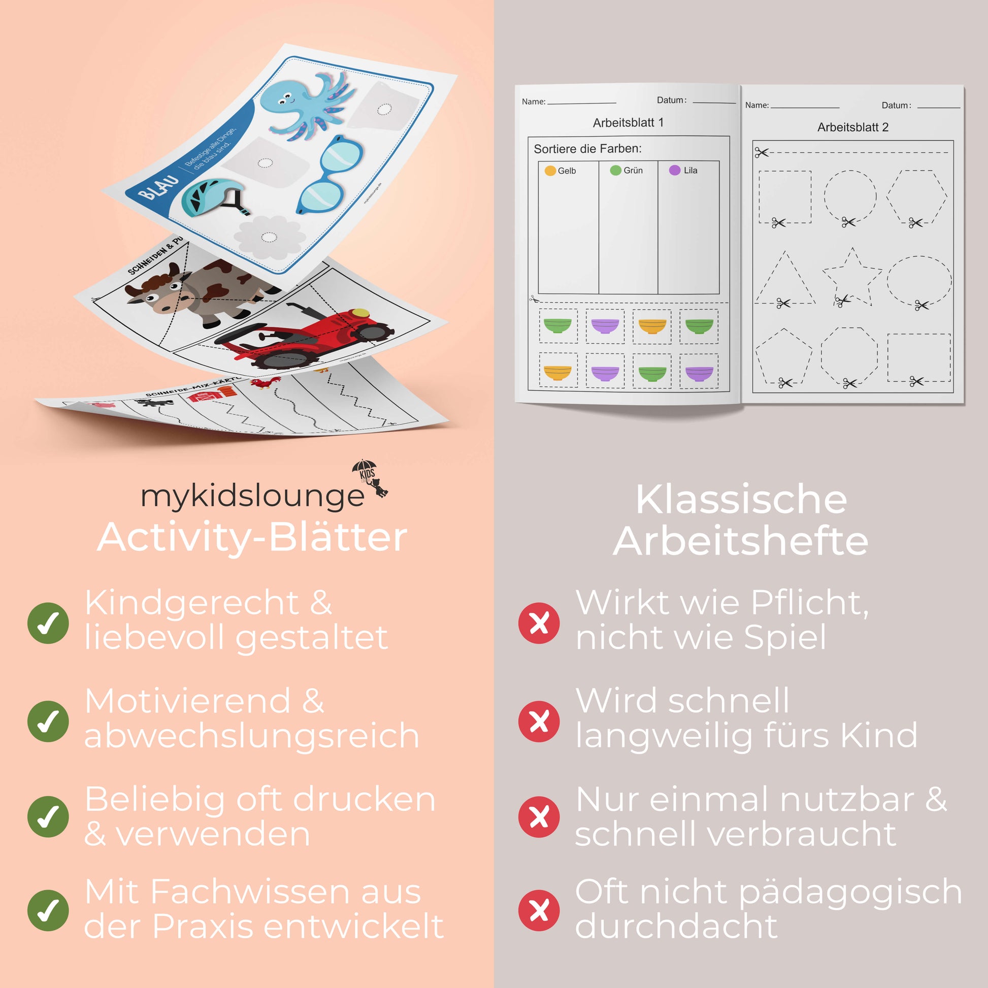 Gegenüberstellung: links liebevoll gestaltete mykidslounge Activity-Blätter mit kindgerechtem Design, rechts klassische Arbeitshefte mit nüchternen Aufgaben. Vorteile wie Wiederverwendbarkeit und Praxisnähe werden hervorgehoben.