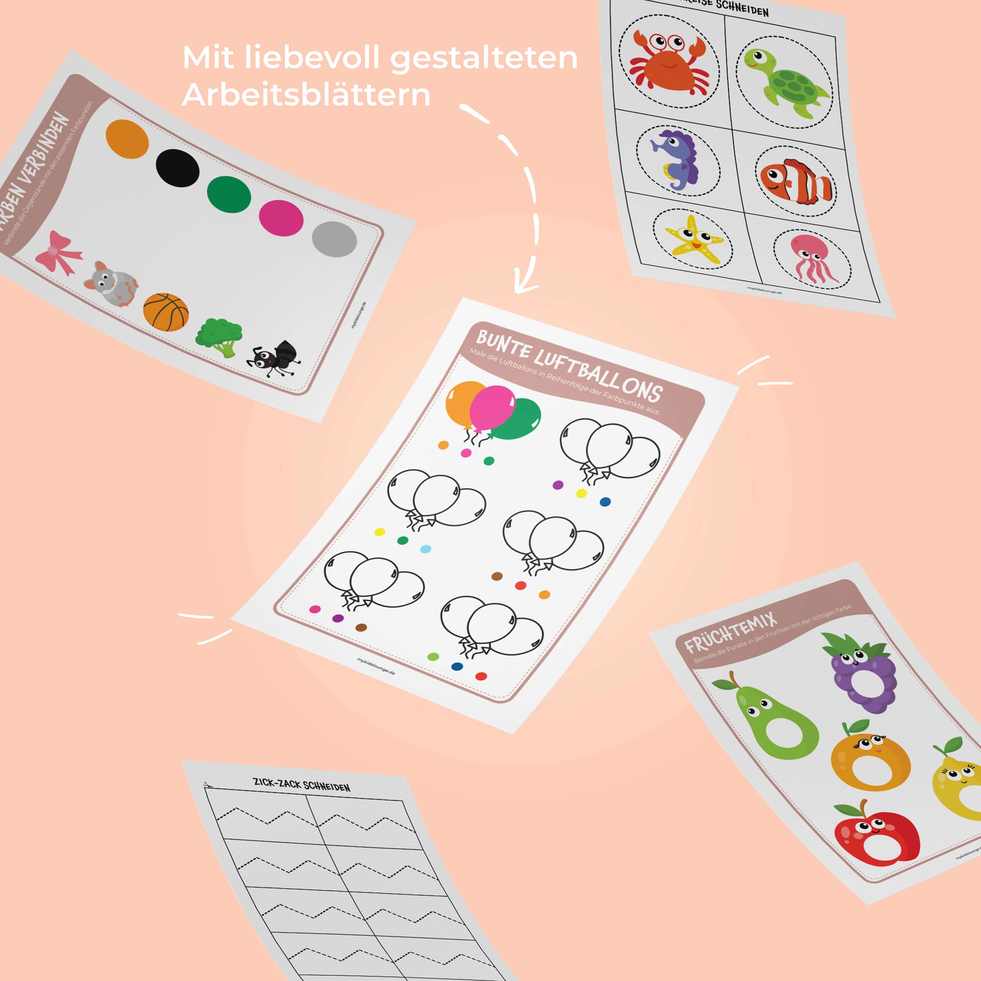 Verschiedene farbenfrohe Activity-Blätter zum Schneiden und Farben lernen, die kindgerecht gestaltet sind und spielerisch Fähigkeiten fördern.