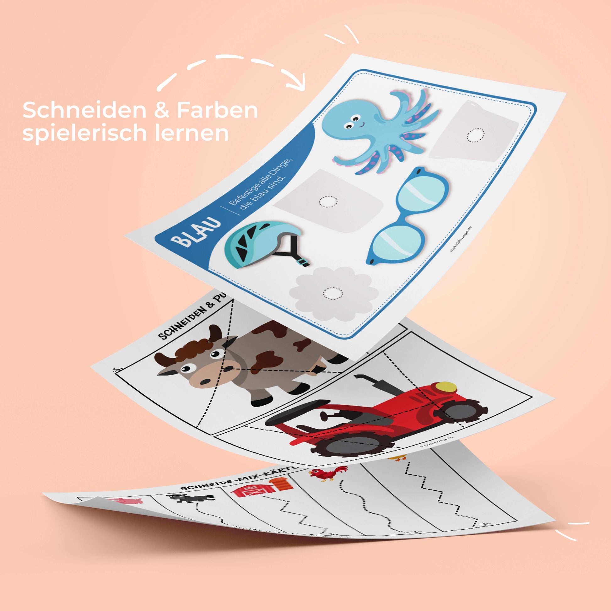 Mehrere liebevoll illustrierte Schneide- und Farbvorlagen für Kinder, mit dem Text „Schneiden & Farben spielerisch lernen“ als Headline.