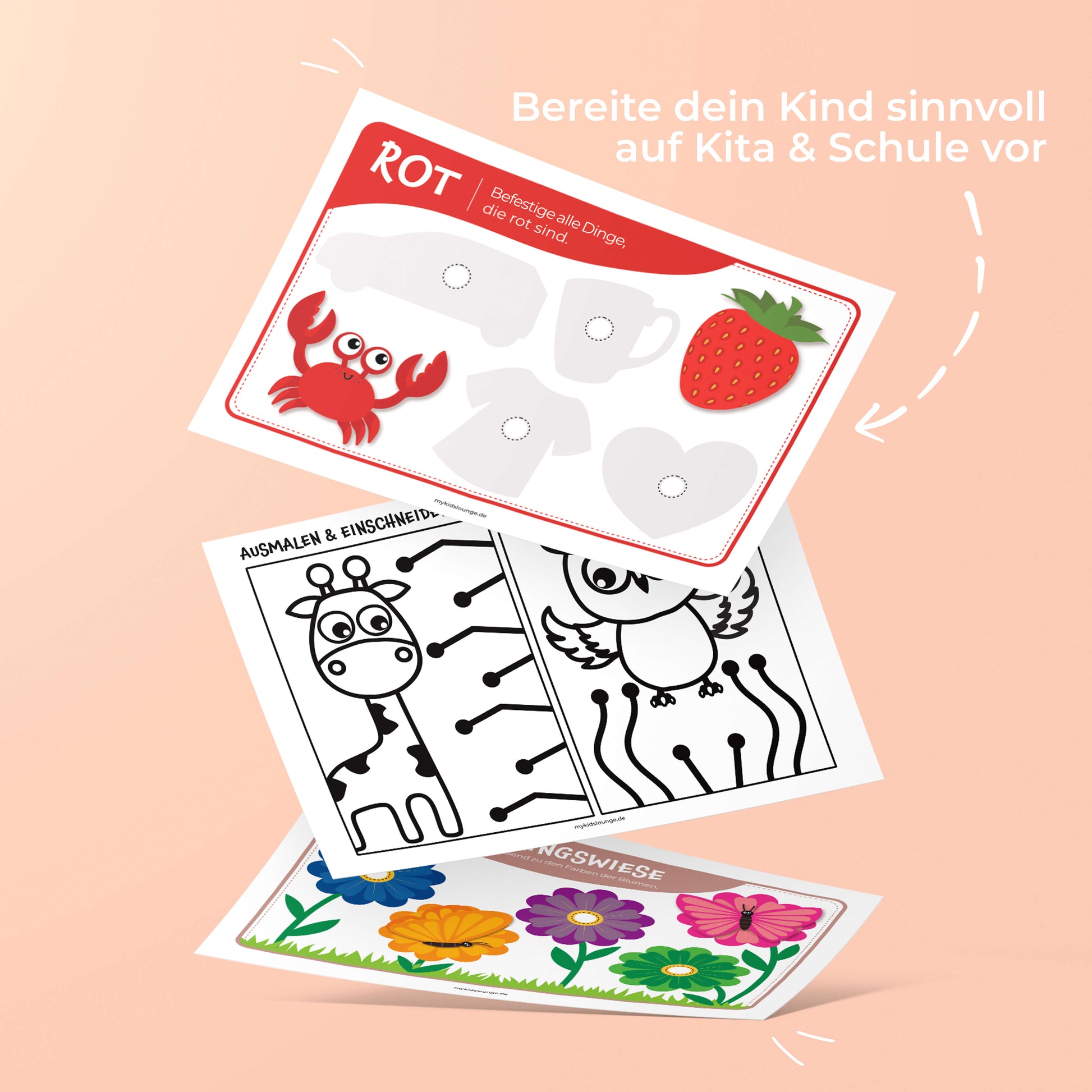 Mehrere Arbeitsblätter zum Ausschneiden und Ausmalen, kombiniert mit der Botschaft „Bereite dein Kind sinnvoll auf Kita & Schule vor“.