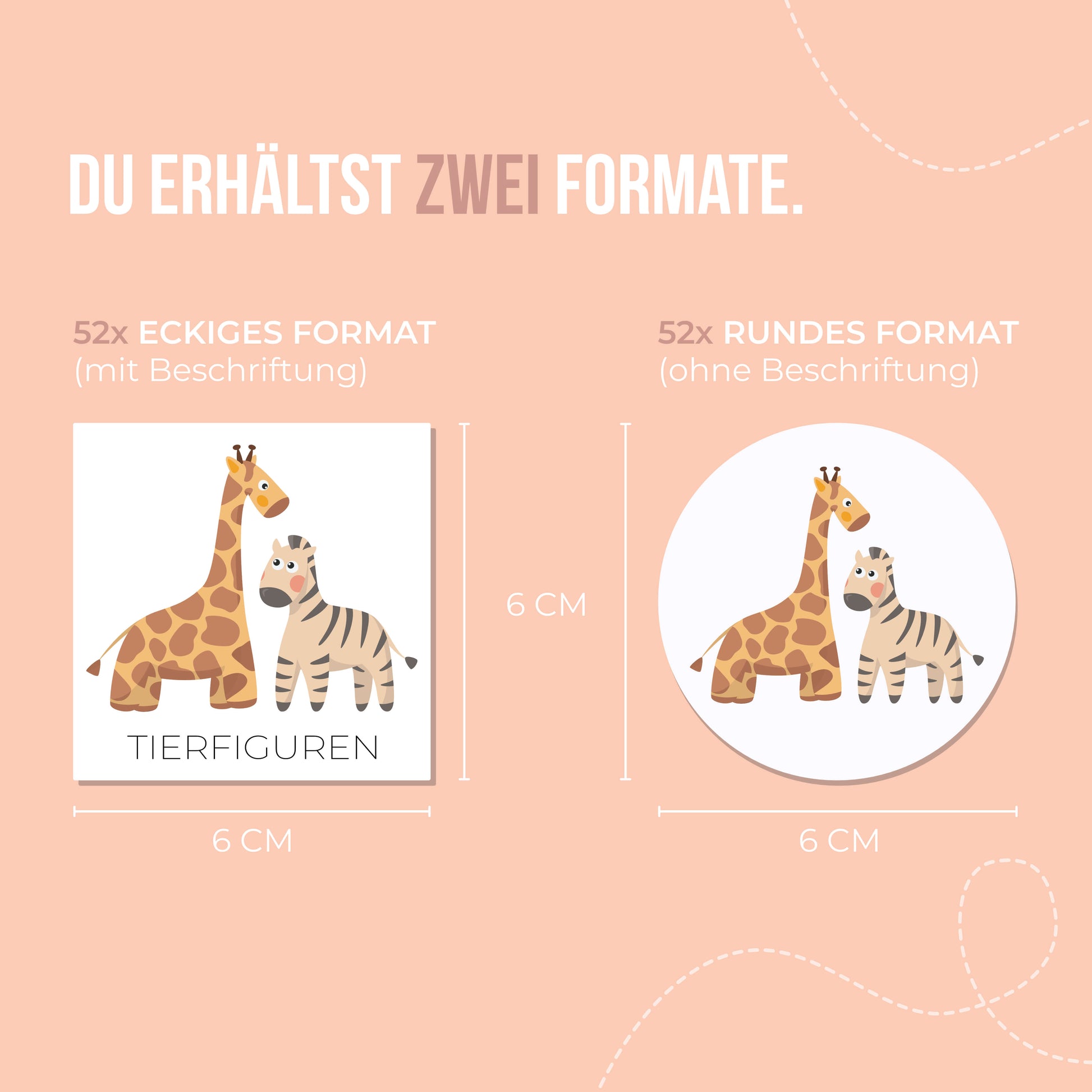 Spielzeugetiketten Infografik zeigt die Größe von 6 x 6 cm der Etiketten für Kinder in eckigem und rundem Format