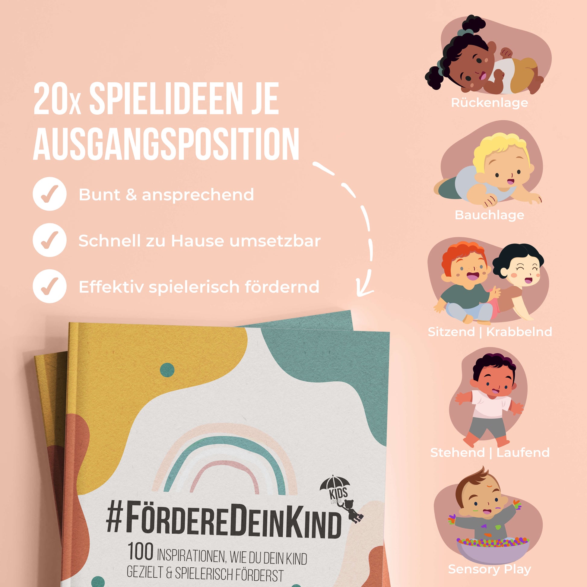 Fördere dein Kind Infografik mit Babys & Kindern in Rückenlage Bauchlage Krabbelnd Sensory Play