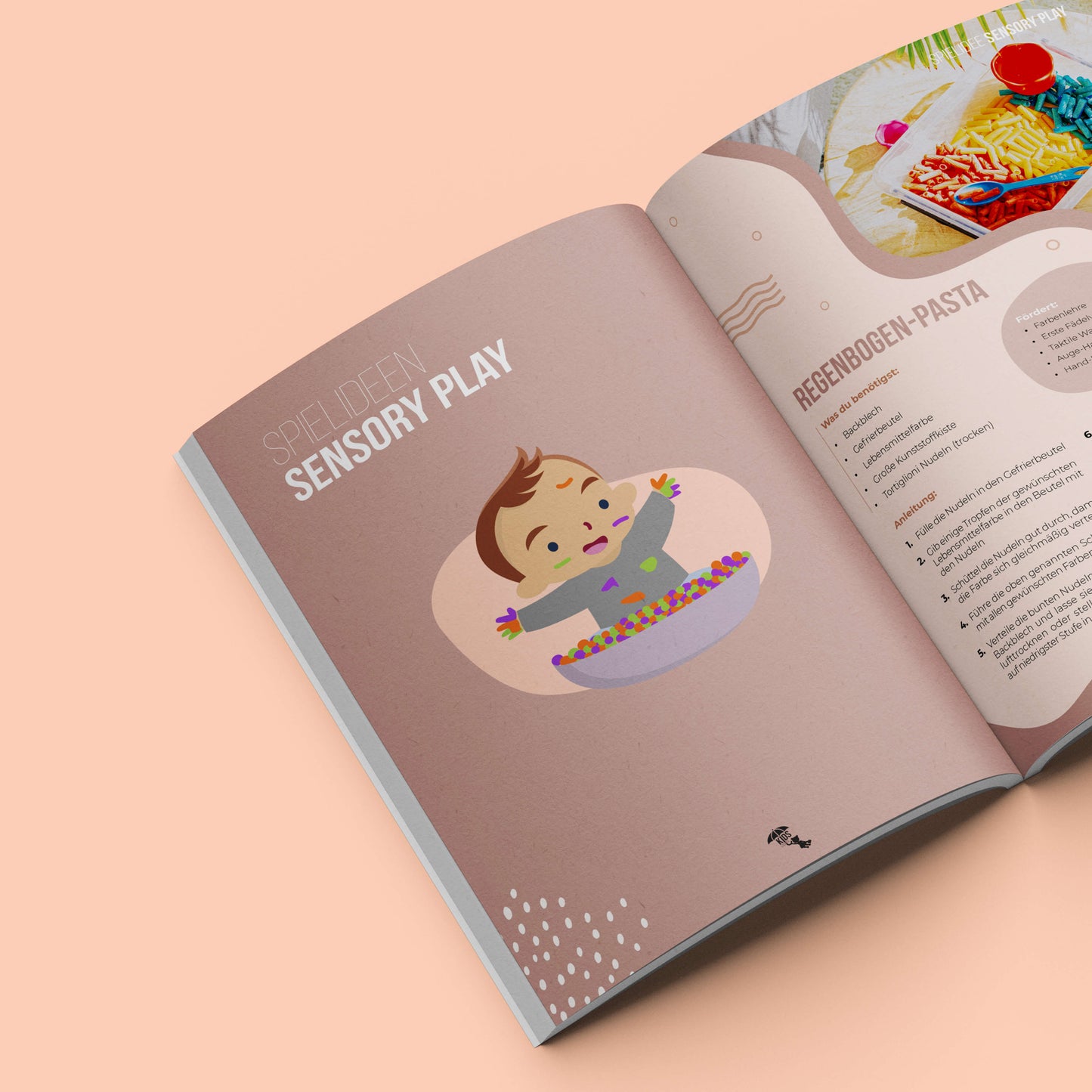 Aufgeschlagenes Magazin mit Idee zur Förderung von Kindern durch Sensory Play Pasta
